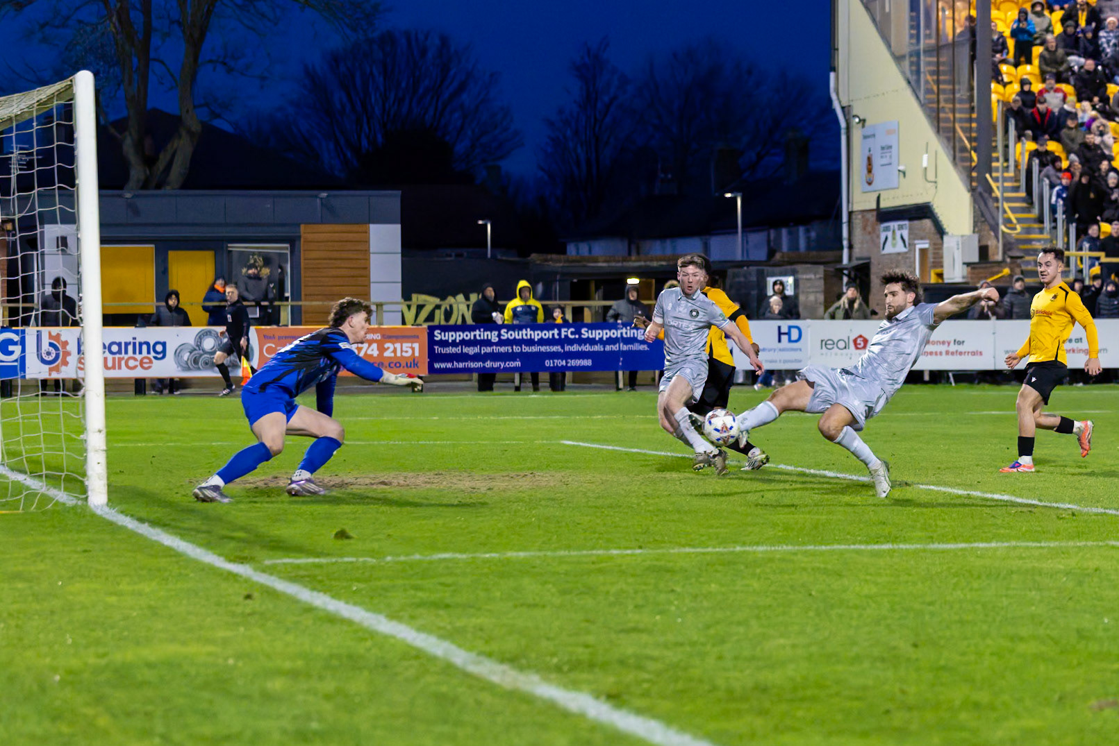 Match action from the Enterprise National League North match between Southport vs Worksop Town at Sefton , 20 December 2025. The match finished Southport 1 Worksop Town 1