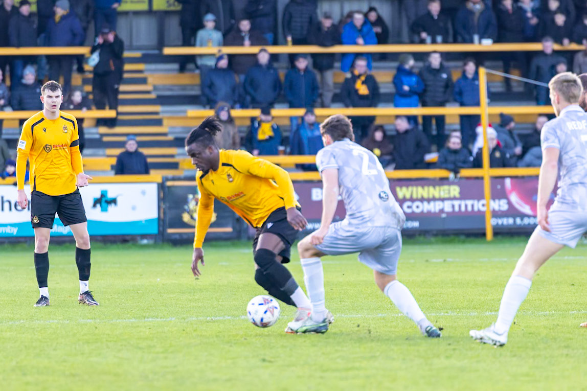 Match action from the Enterprise National League North match between Southport vs Worksop Town at Sefton , 20 December 2025. The match finished Southport 1 Worksop Town 1