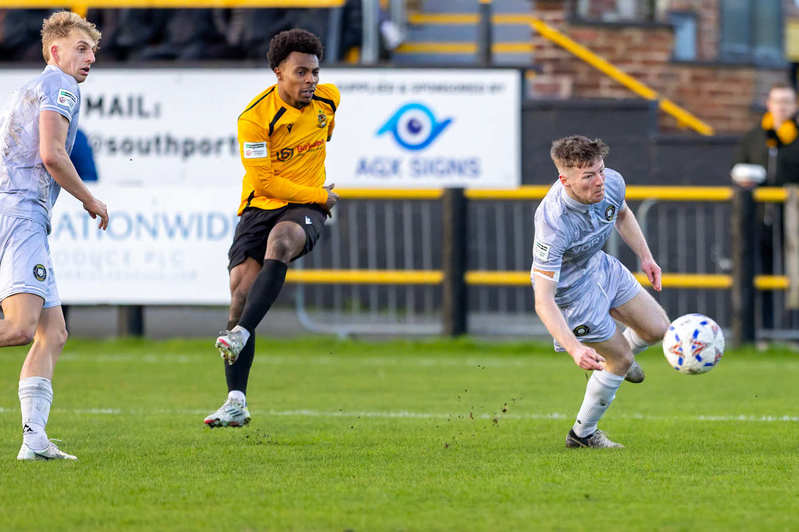 Match action from the Enterprise National League North match between Southport vs Worksop Town at Sefton , 20 December 2025. The match finished Southport 1 Worksop Town 1
