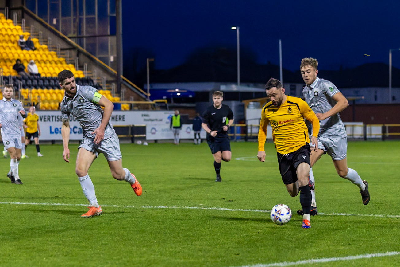Match action from the Enterprise National League North match between Southport vs Worksop Town at Sefton , 20 December 2025. The match finished Southport 1 Worksop Town 1