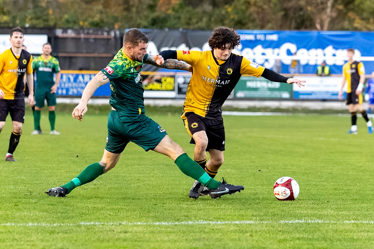 Prescot, ENGLAND -  during the NPL Premier Division match between Prescot Cables and  Hebburn Town  at The Auto Safety Centre StadiumCanon Canon EOS R3 3200 1/2000 2.8 (Pic by John Middleton)