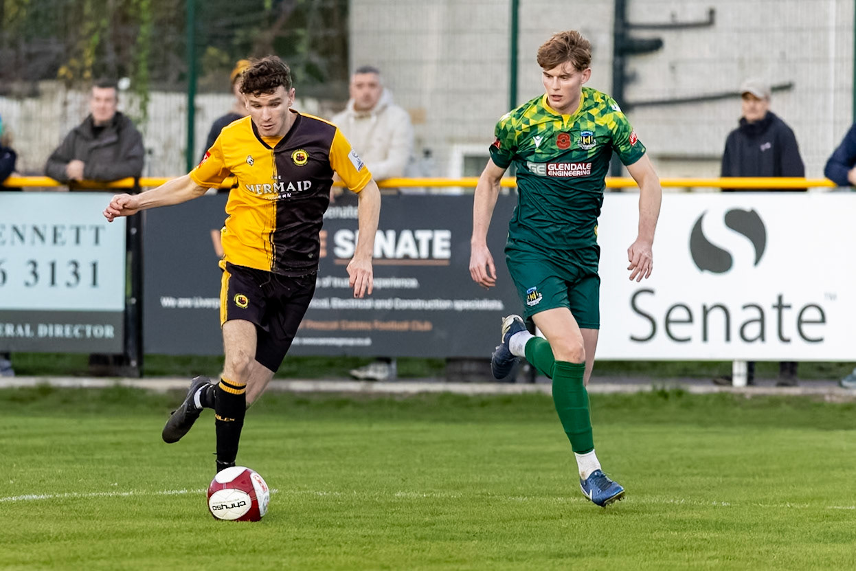 Prescot, ENGLAND -  during the NPL Premier Division match between Prescot Cables and  Hebburn Town  at The Auto Safety Centre StadiumCanon Canon EOS R3 10000 1/2000 2.8 (Pic by John Middleton)