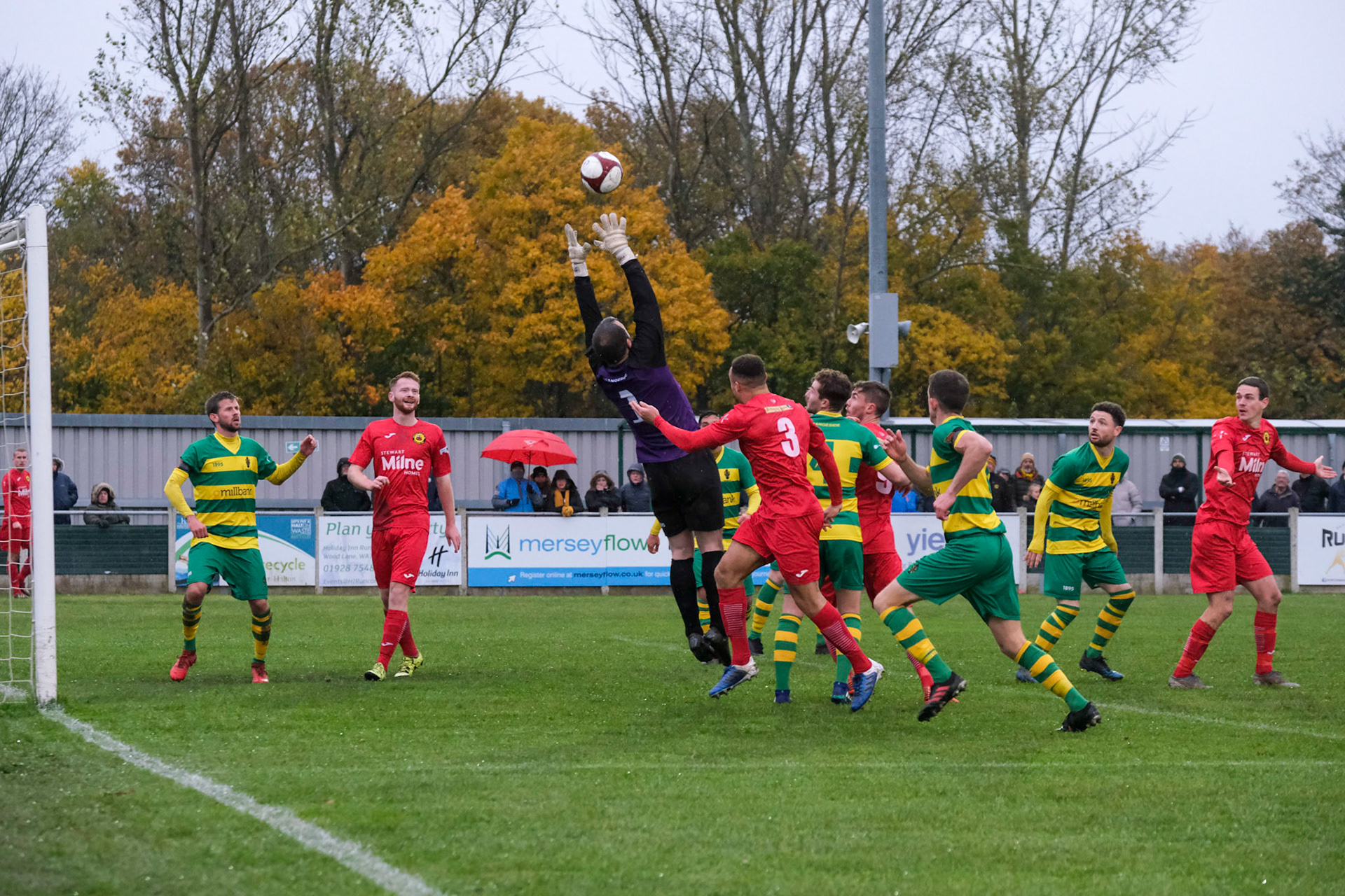 Runcorn Linnets Vs Prescot Cables 

Buildbase FA Trophy Second Qualifying round match at Millbank Linnets Stadium during the 2019/20 season 09/11/2019.

Photograph by John Middleton