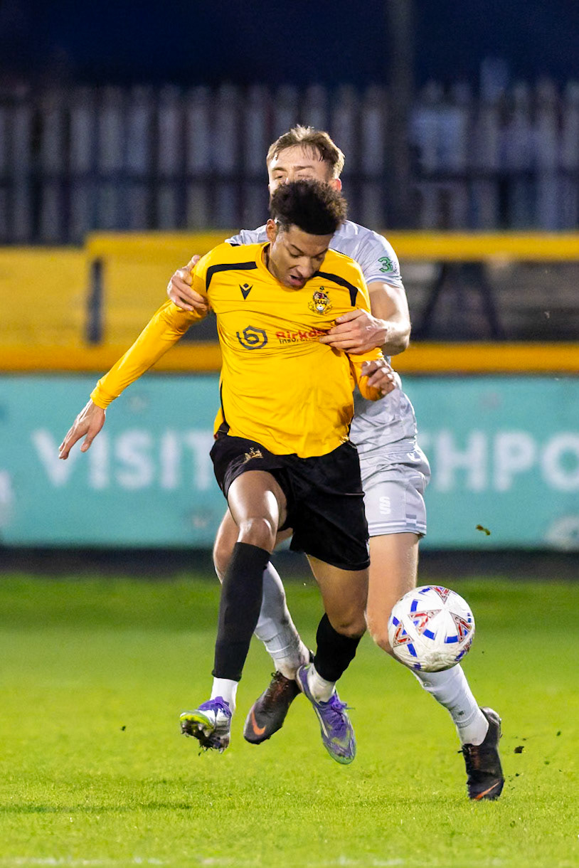 Match action from the Enterprise National League North match between Southport vs Worksop Town at Sefton , 20 December 2025. The match finished Southport 1 Worksop Town 1