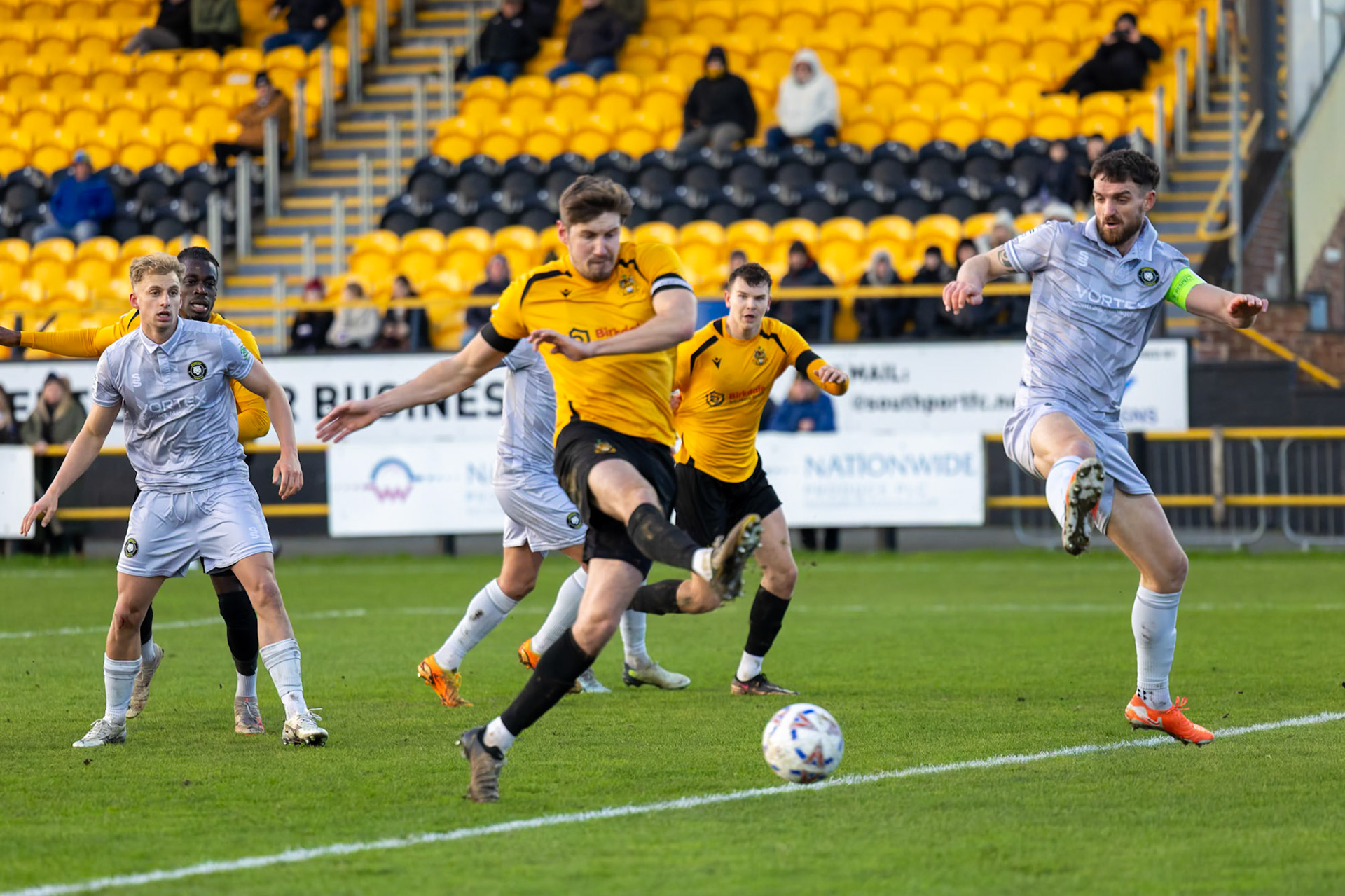Match action from the Enterprise National League North match between Southport vs Worksop Town at Sefton , 20 December 2025. The match finished Southport 1 Worksop Town 1