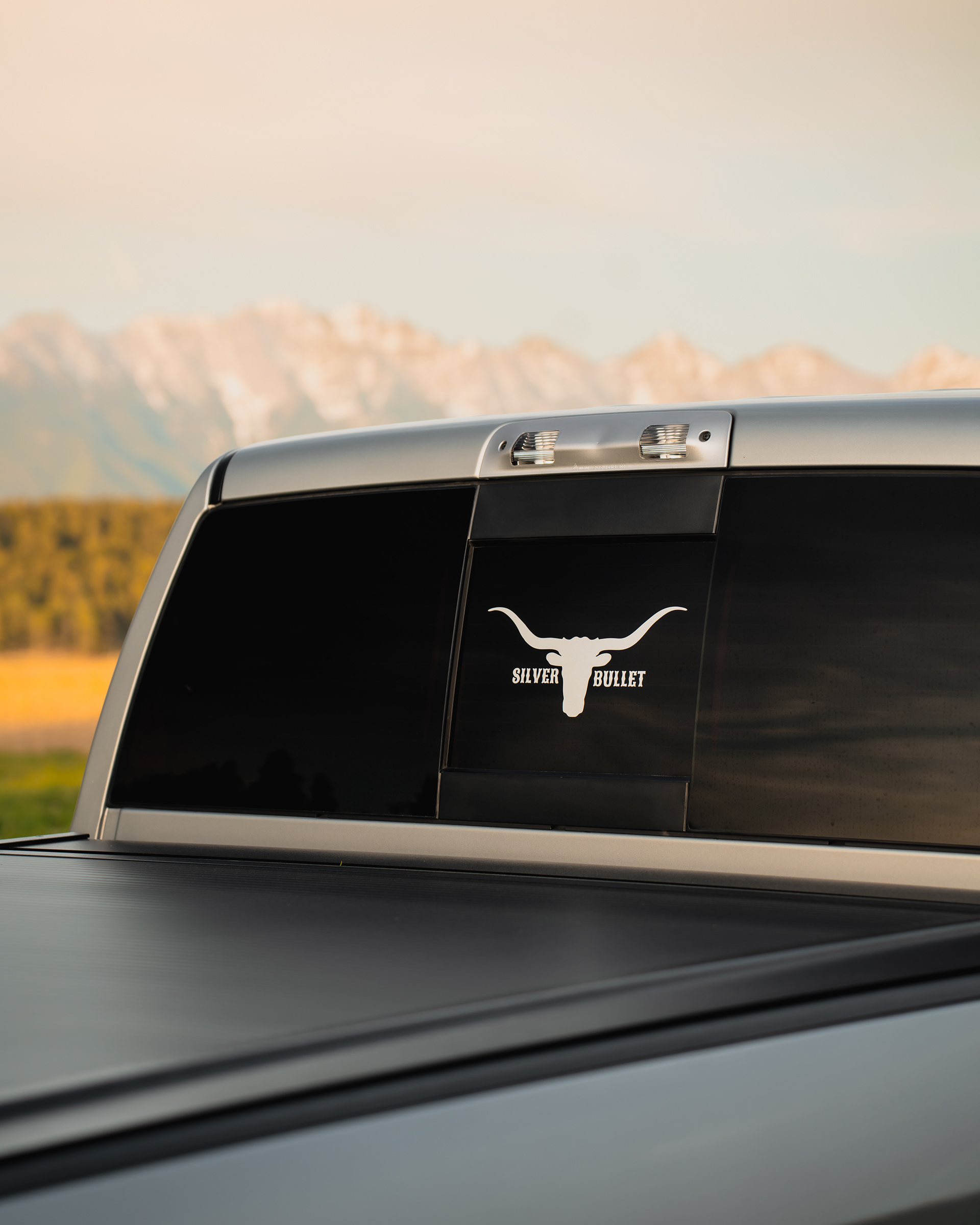 Branded detail shot incorporating the rear window graphic and surrounding landscape.