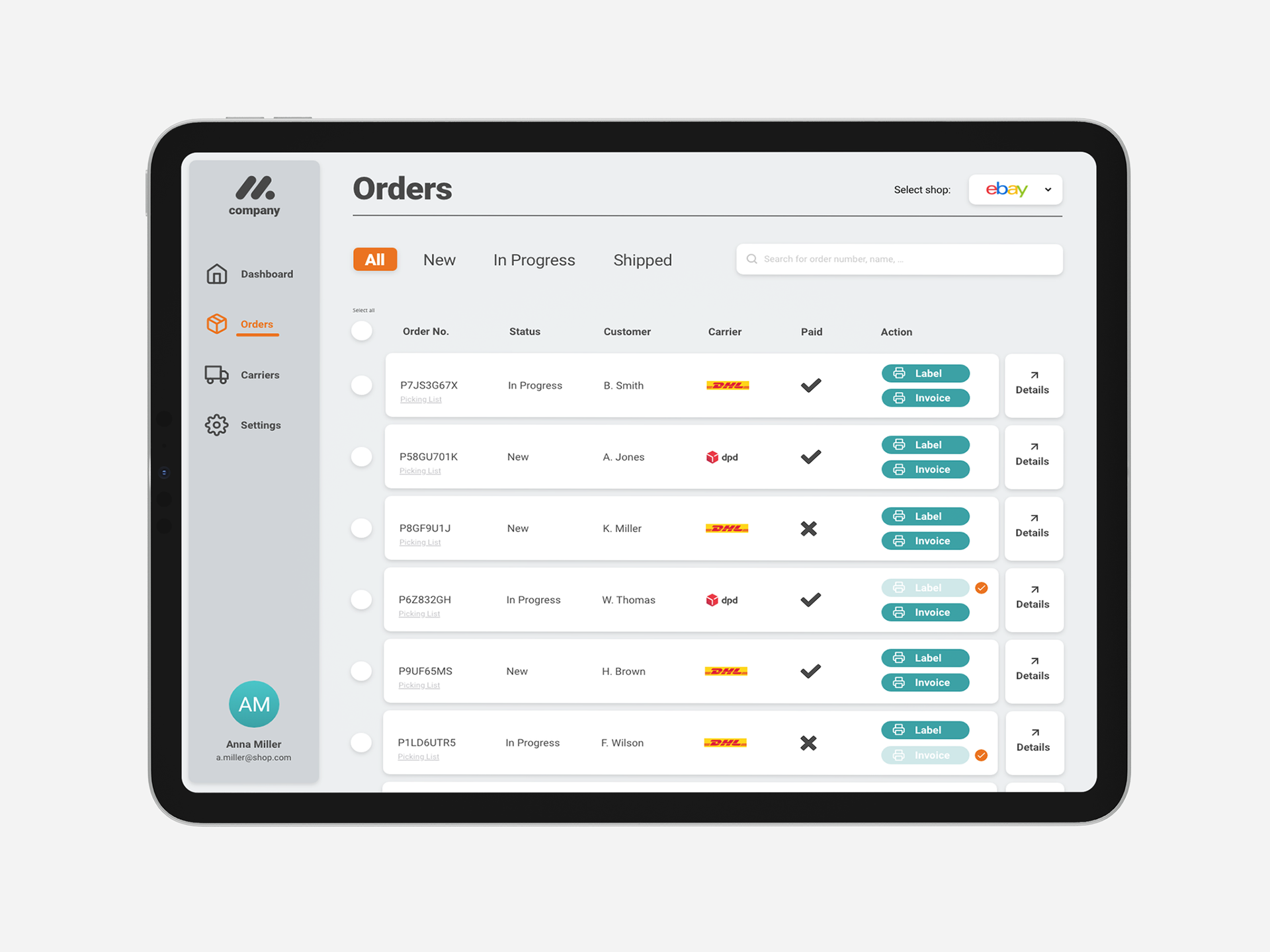 Interface for a Shipping App