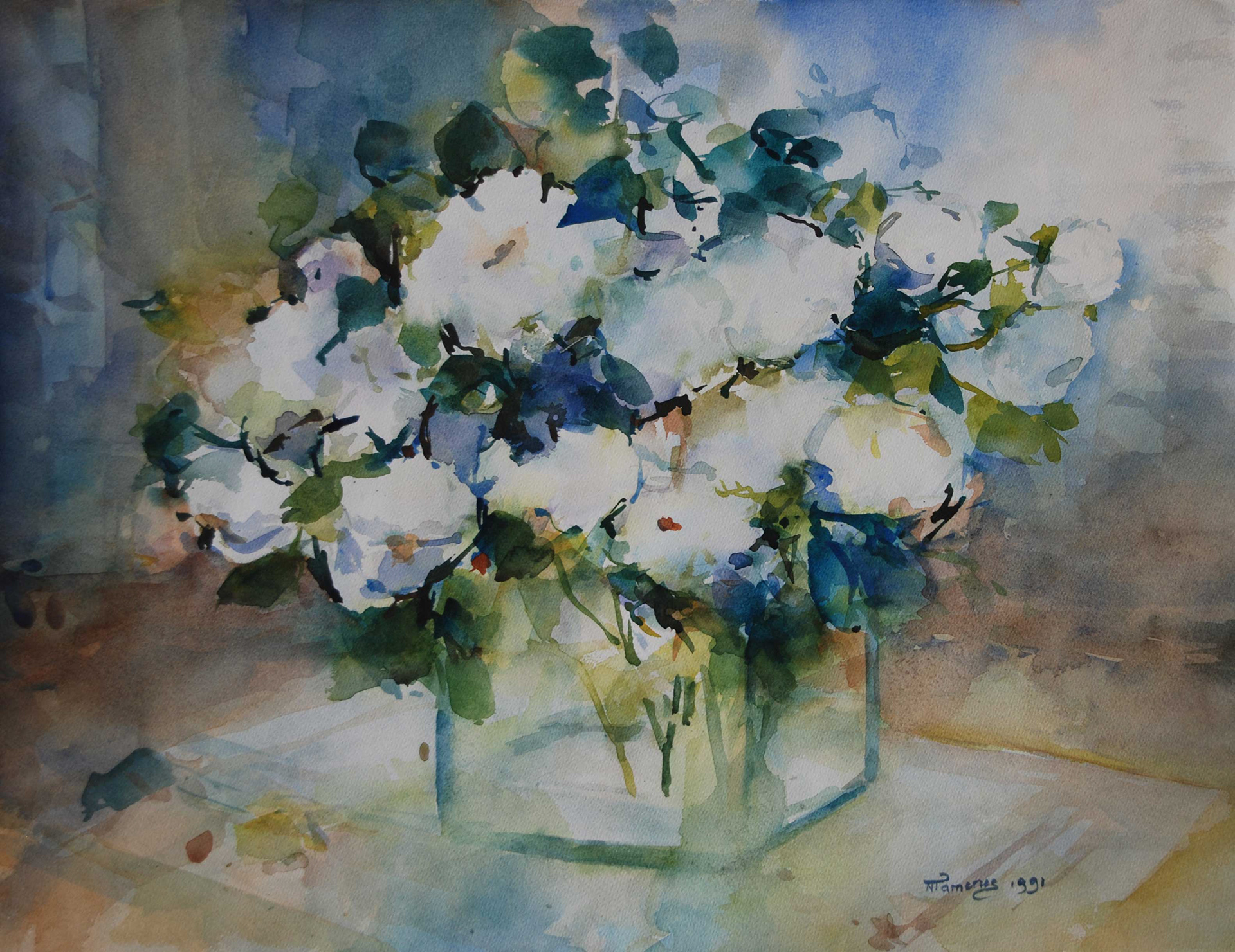 accubak met witte bloemen