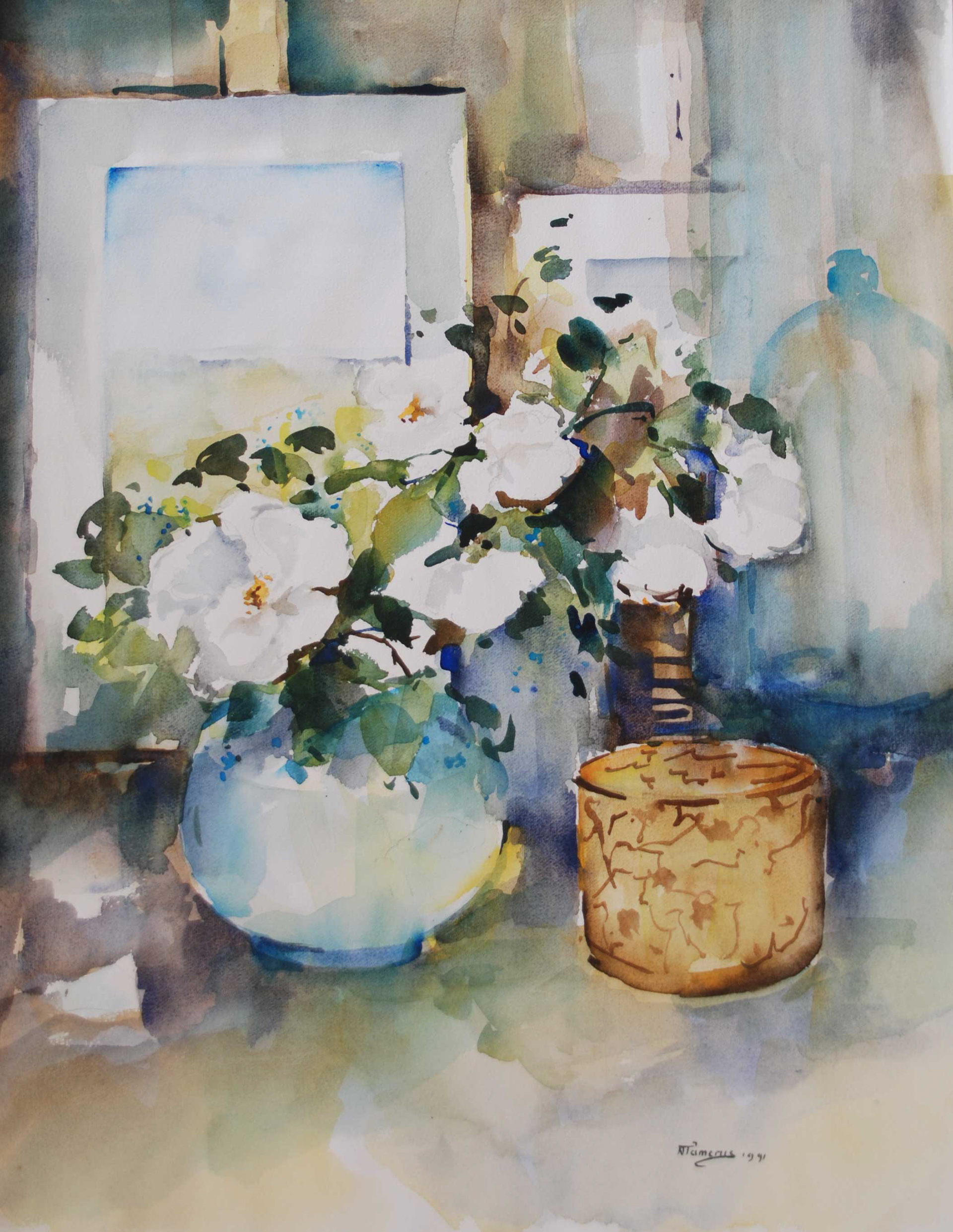 witte bloemen en bruin potje