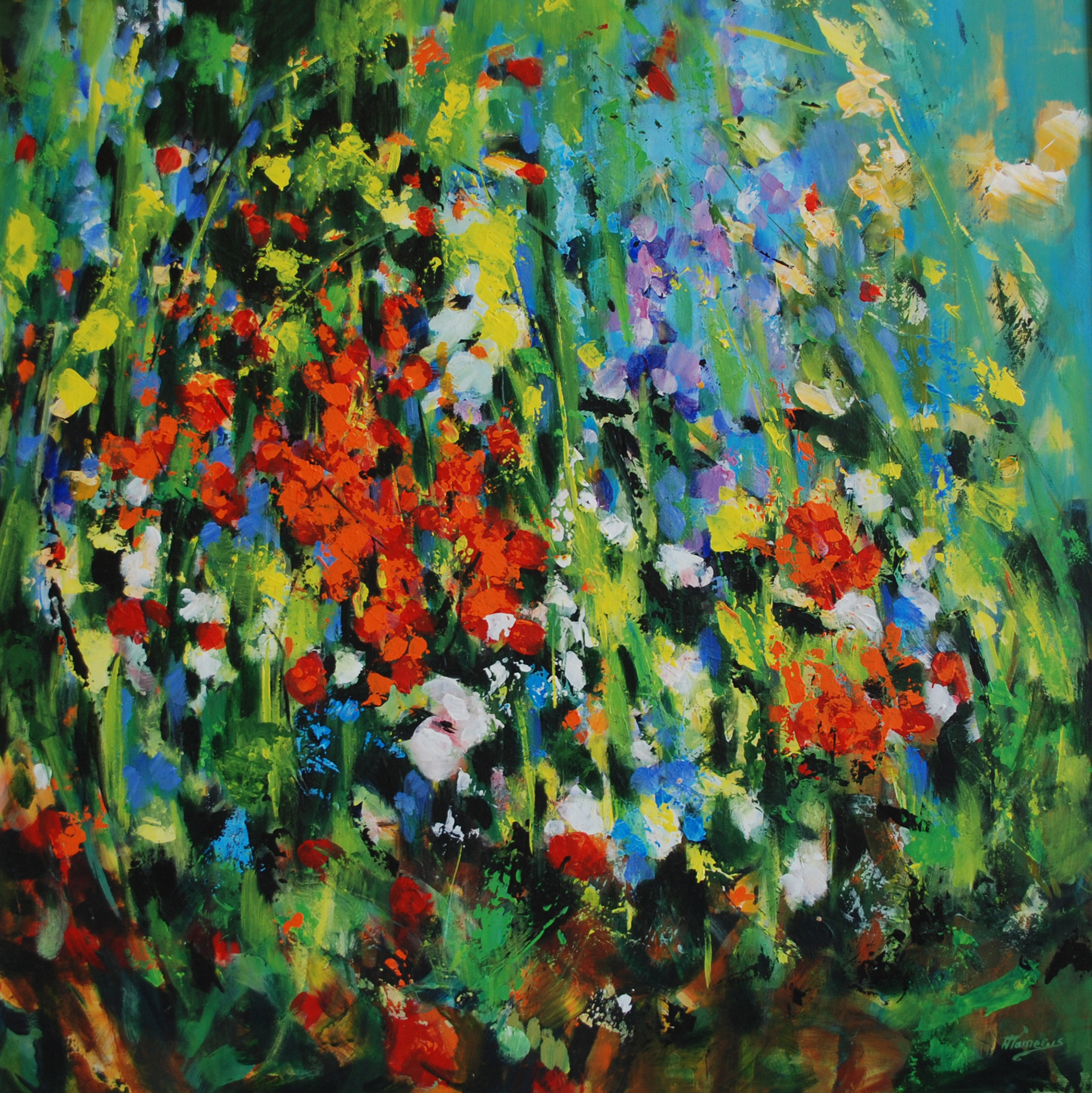 veldboeket, 70x70cm in baklijst