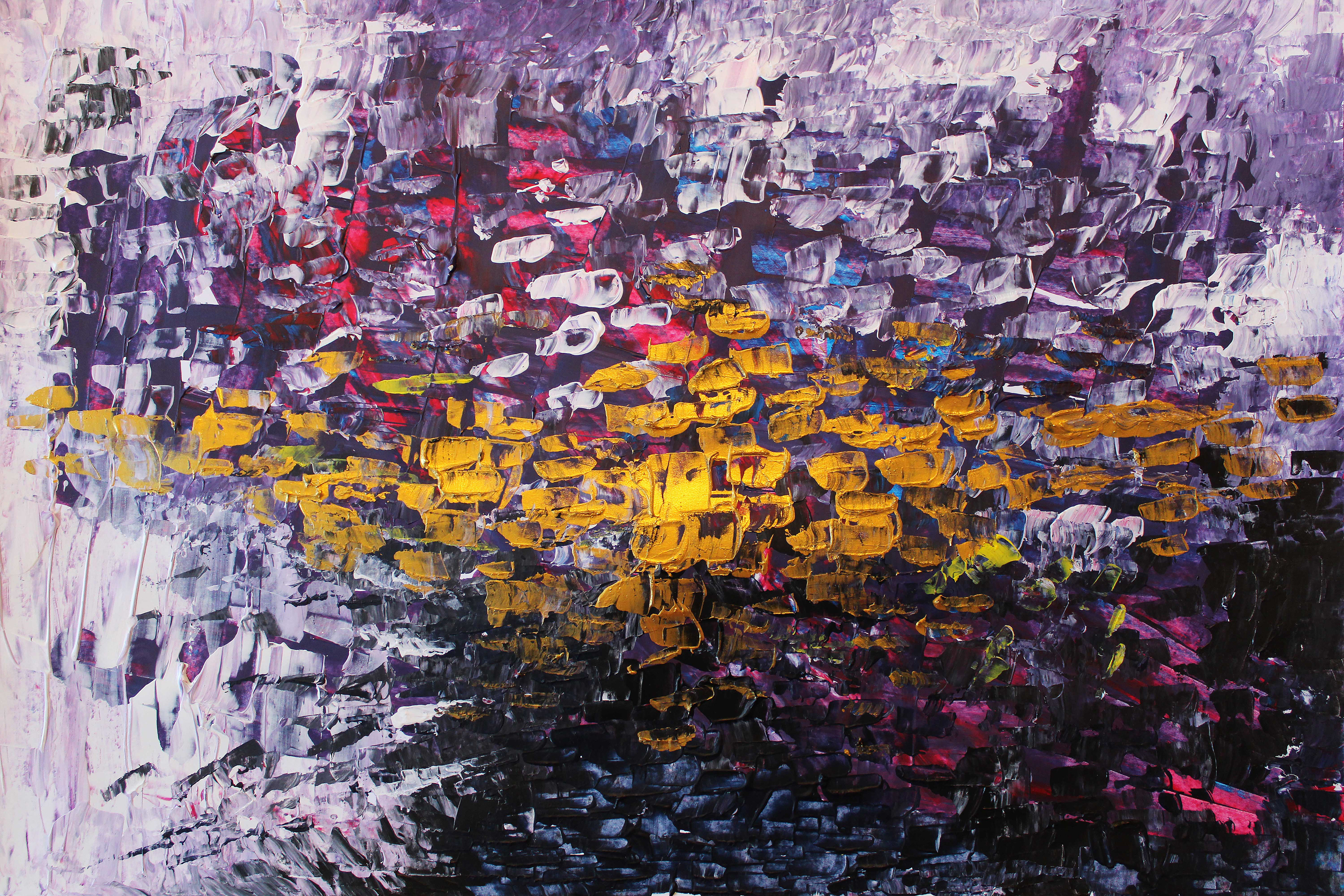 LAKE OF GOLDEN FLAKES Acrylic on paper Dimensions: 33 x 48 cm Year: 2025