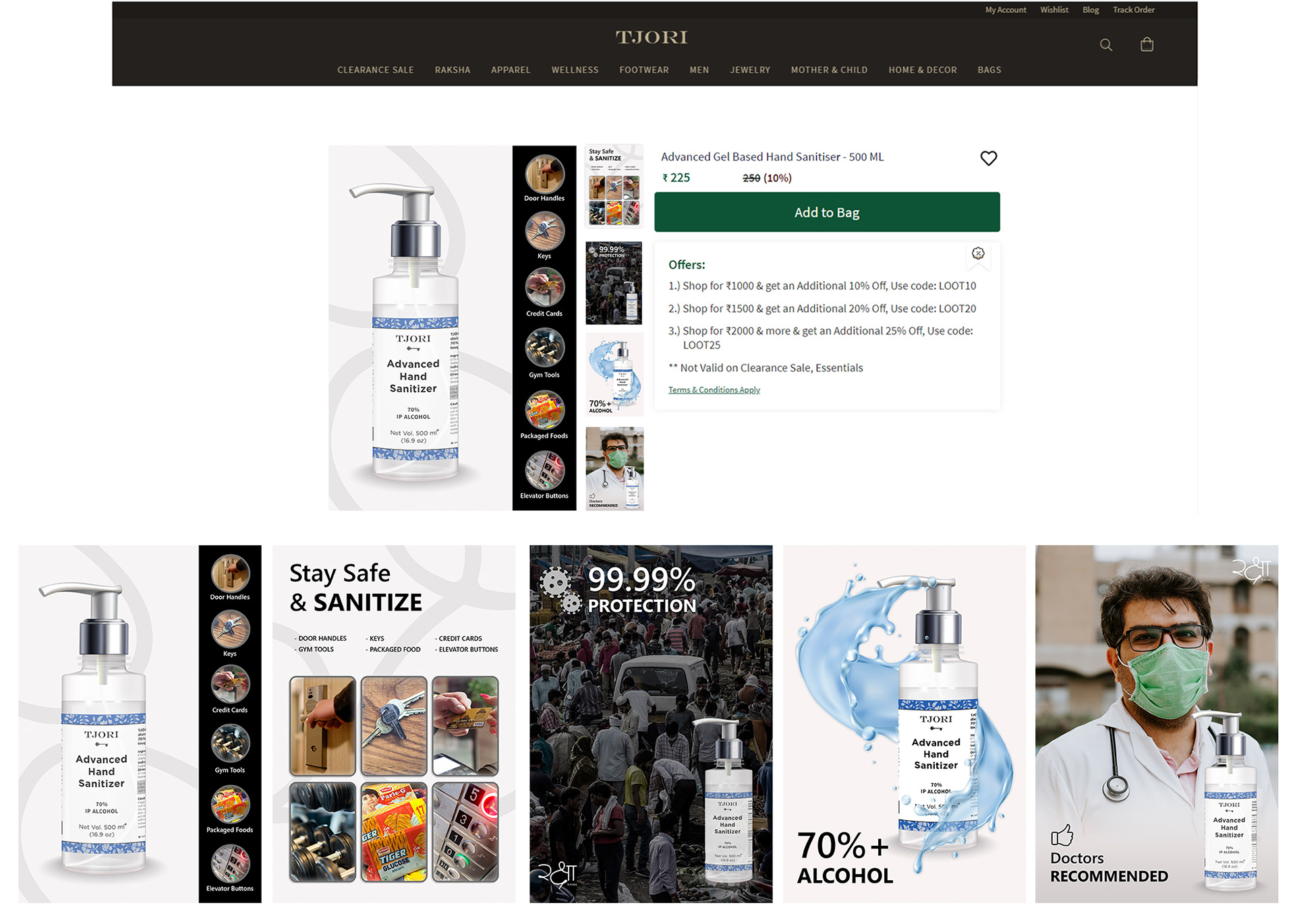 PDP layout for the santizers - Raksha collection of Tjori