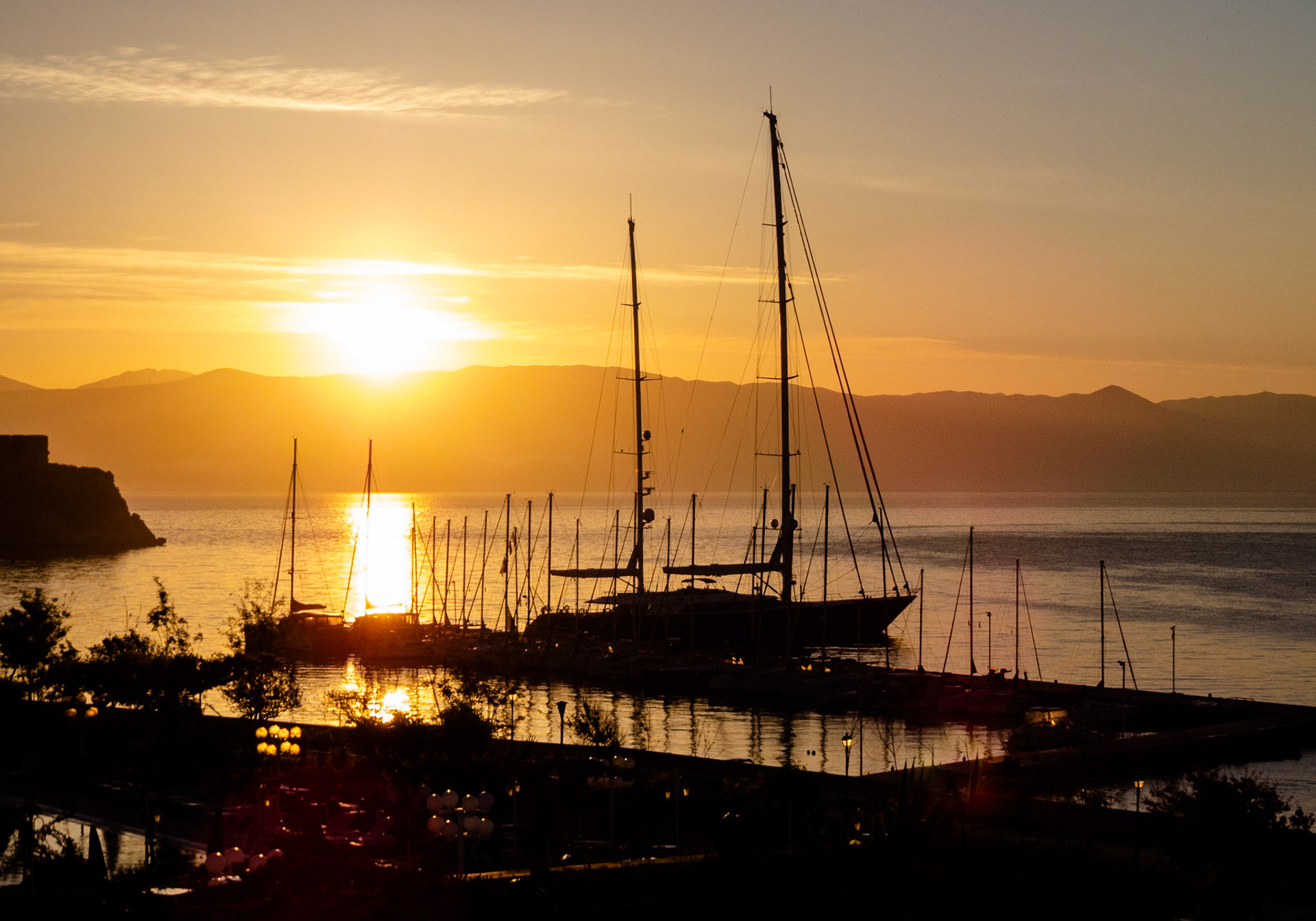 Yacht harbour at sunrise from the Corfu Palace Hotel, 2019