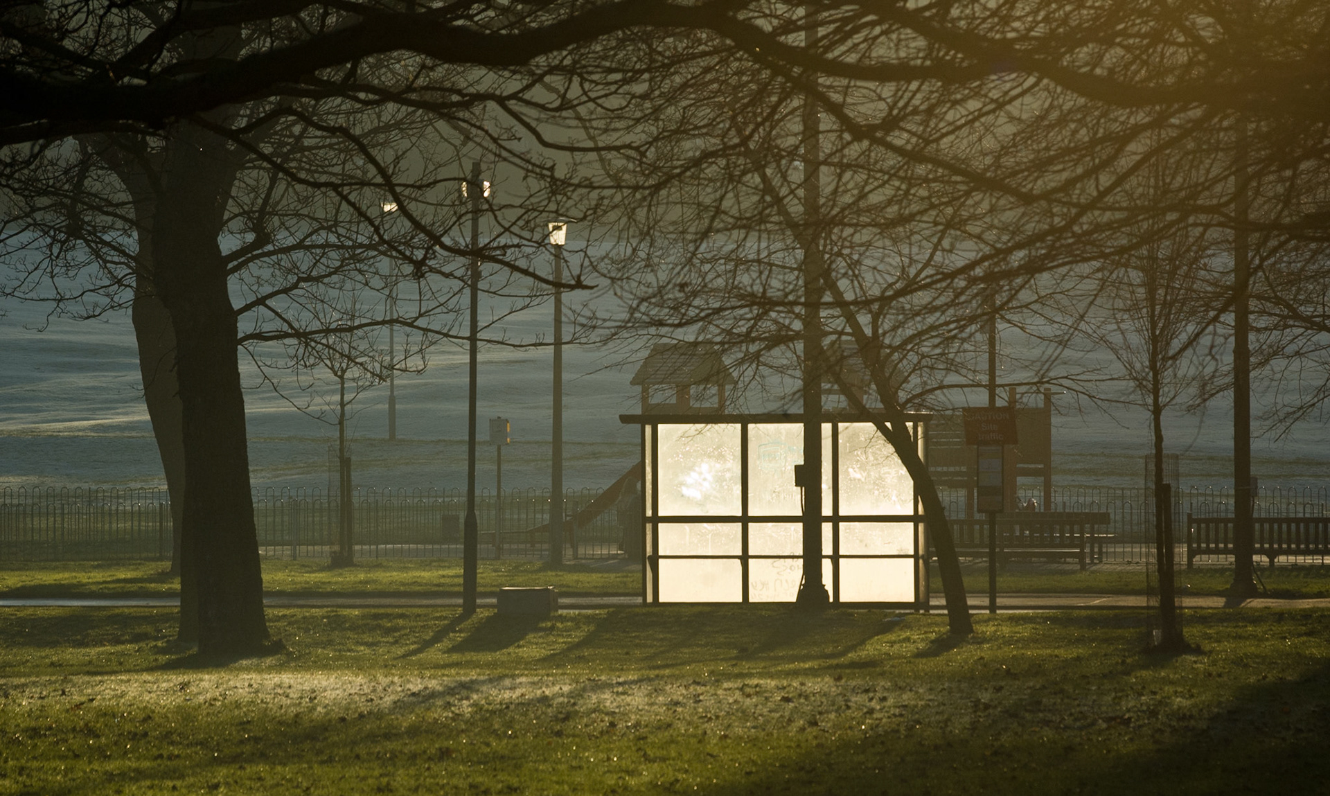 Bus shelter, frosty afternoon in the Meadows, Edinburgh, 2006