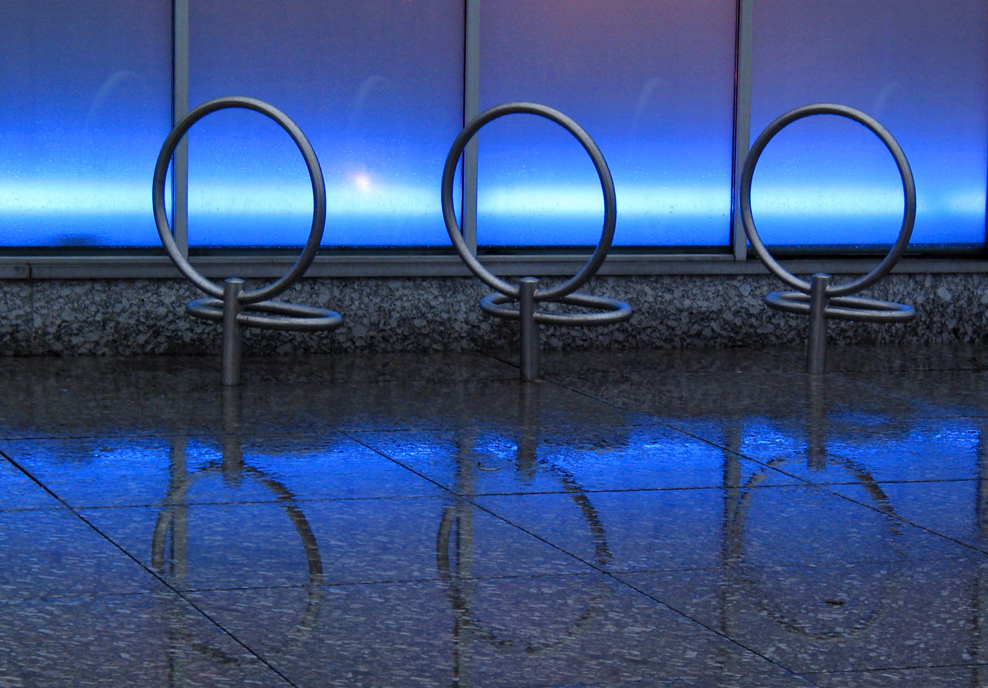 Blue light reflections in the rain, Princes Mall, Edinburgh, 2002