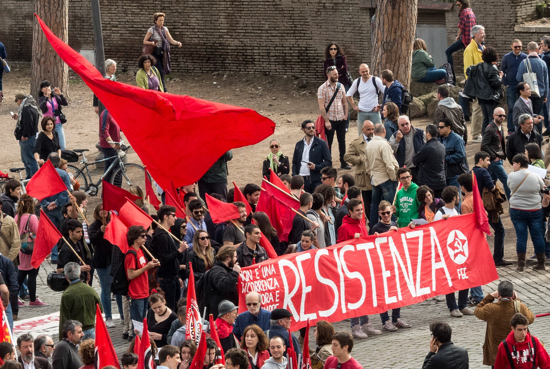 Liberation Day marchers assembling near the Colosseum, Rome, 2013