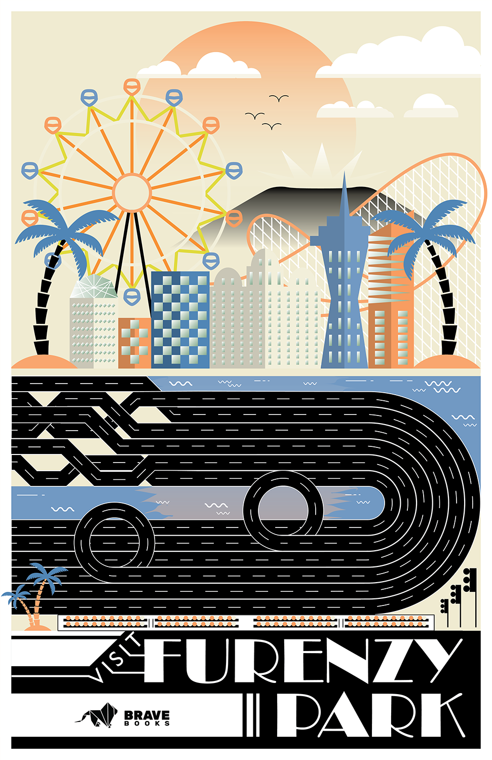 An energetic city full of amusement rides and race tracks