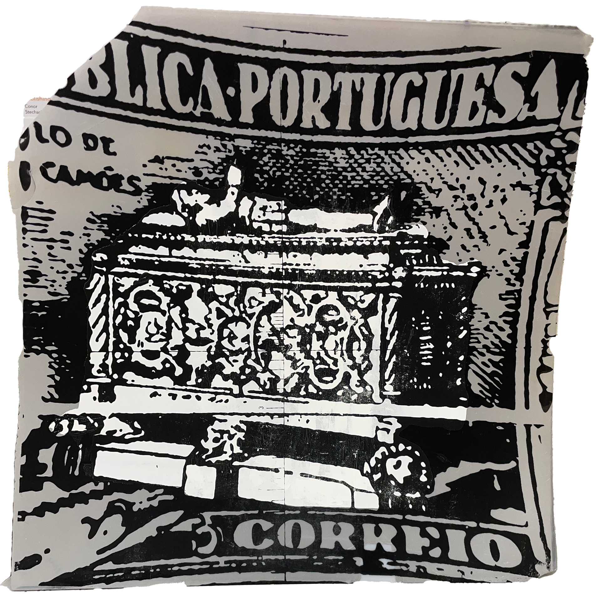 Portugese Stamp, Screenprint through a photo loupe, on some plastic I found at Lake Street and California Avenue, 2023