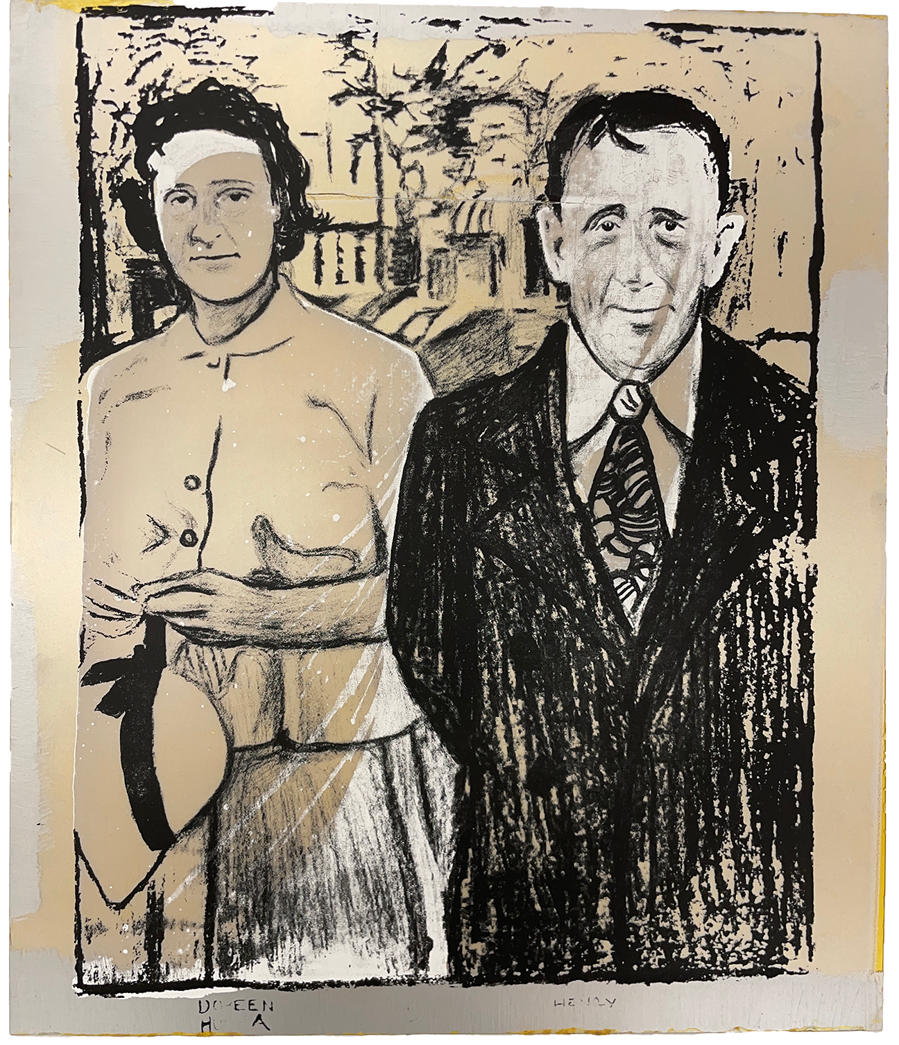 Henry and Doreen, Screenprint on discarded Tympan, 18"x24", 2023