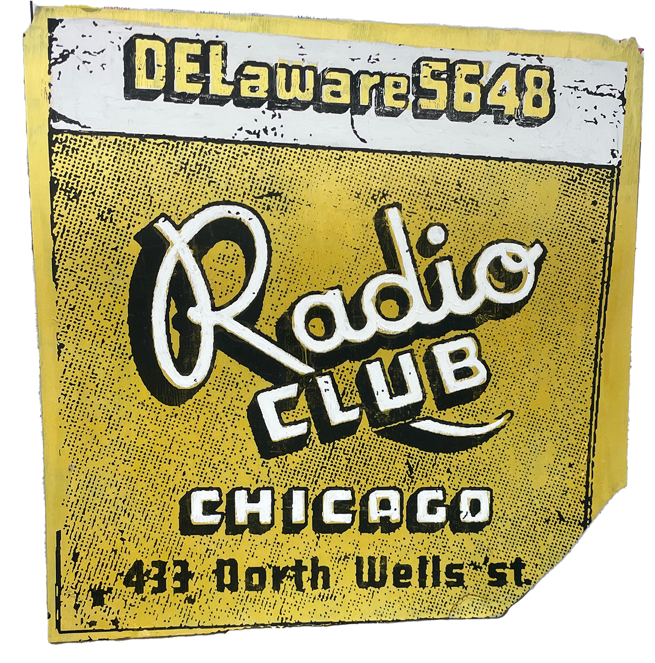 Radio Club Sign, Screenprint on some plastic I found at Lake Street and California Avenue, 2023