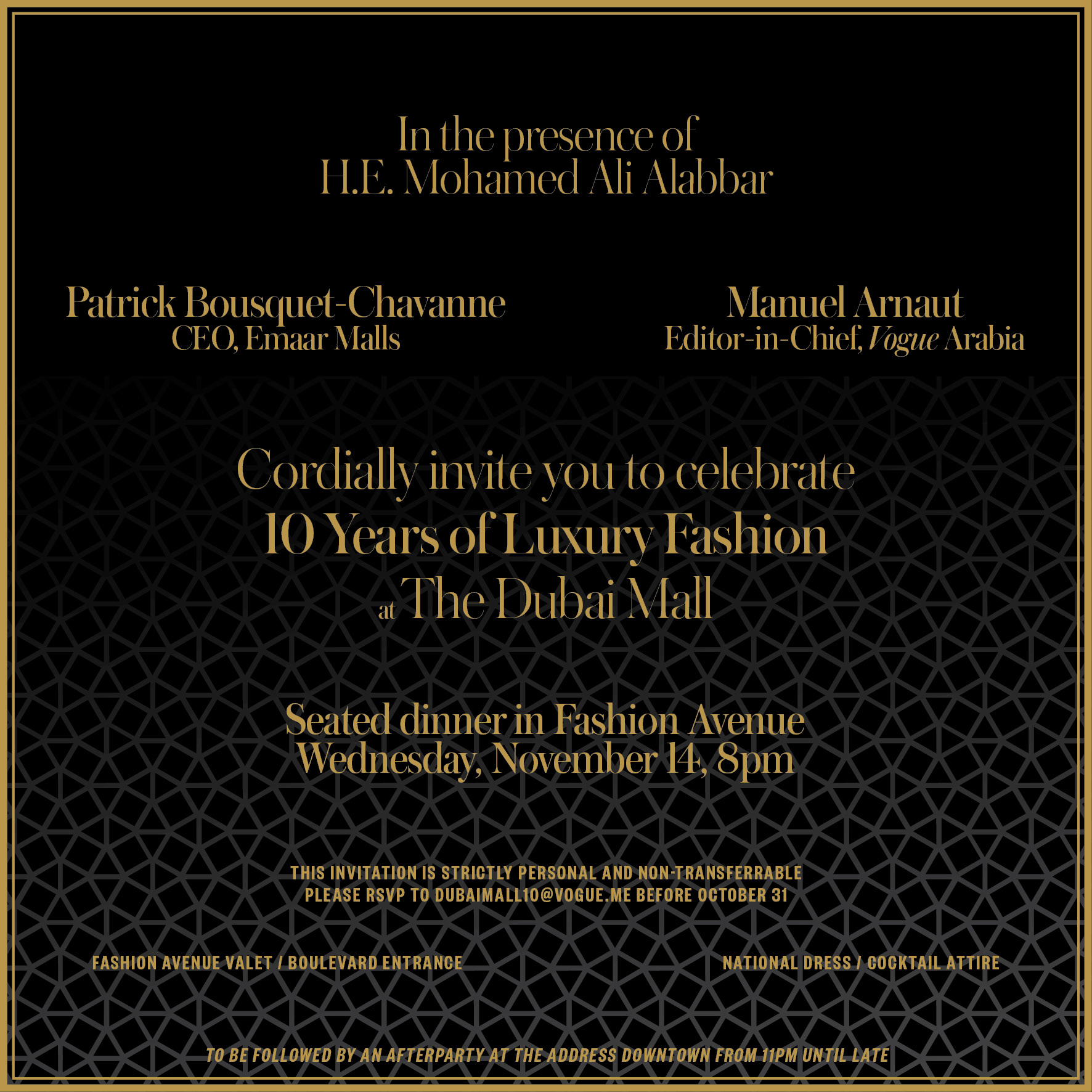 Invitation for the dinner hosted by Vogue Arabia