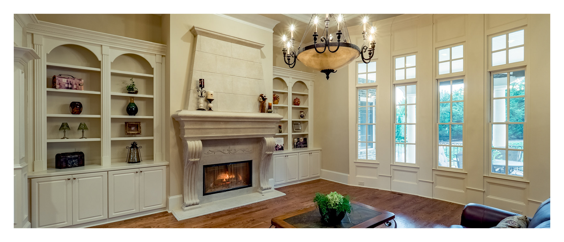 Family room of home at 110 Manor Lake Court.  Is this a limestone fireplace?