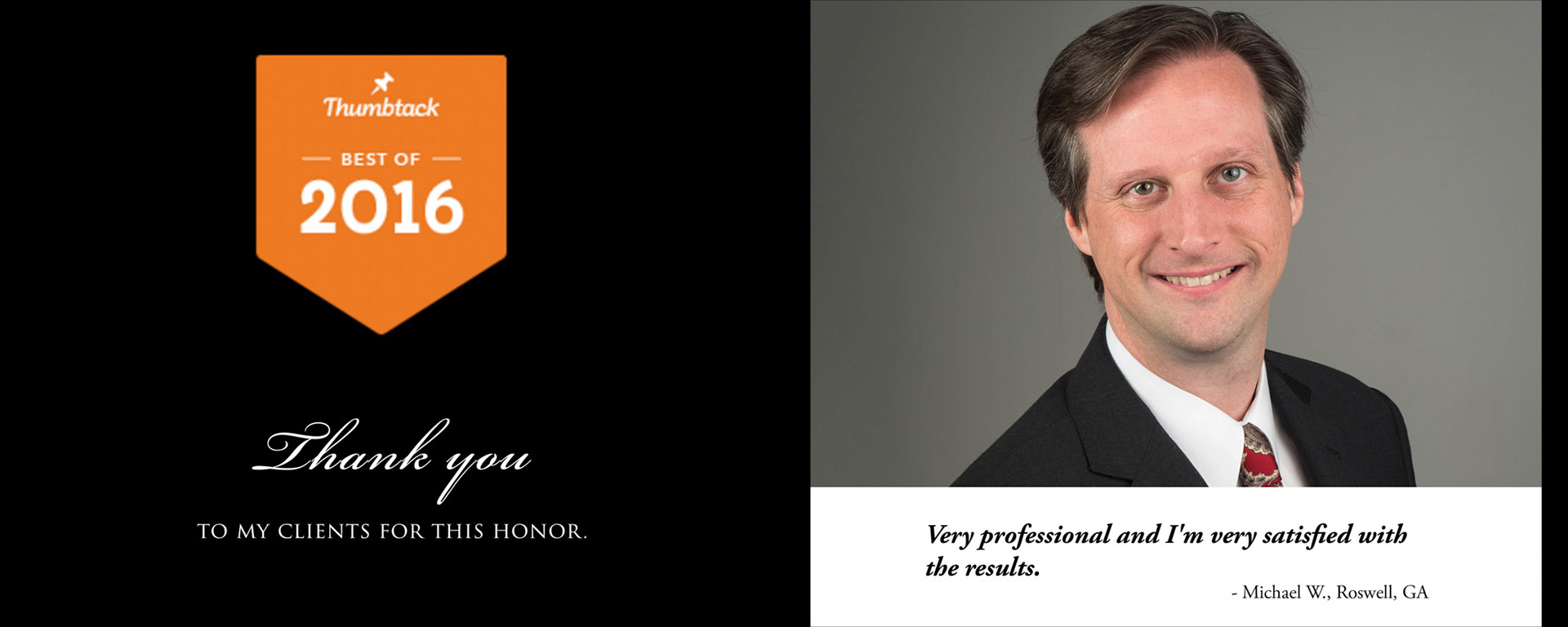 "Best of 2016" from Thumbtack for photography client reviews.  Corporate headshot for LinkedIn with 5 star review.