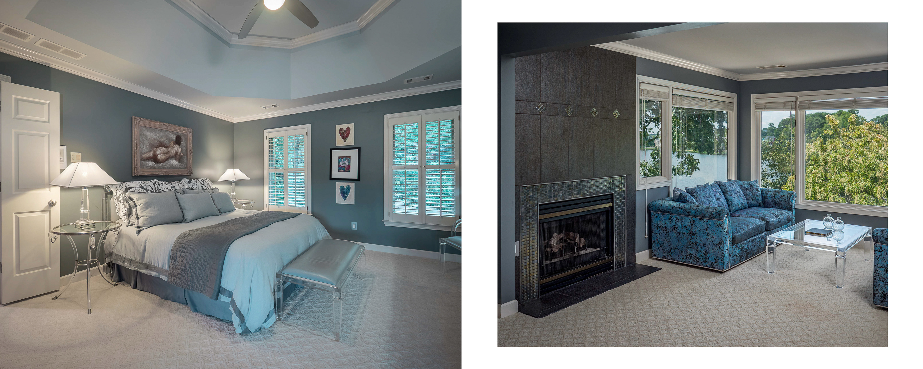 Master bedroom suite photographed by Cindy Kringelis of Alpharetta Photography using HDR to preserve mood of natural light and off camera lighting to protect window views.