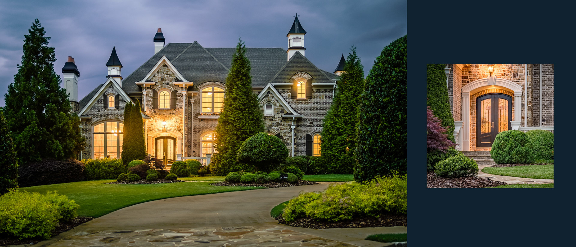 Twilight exterior of luxury home for sale in Milton, GA.