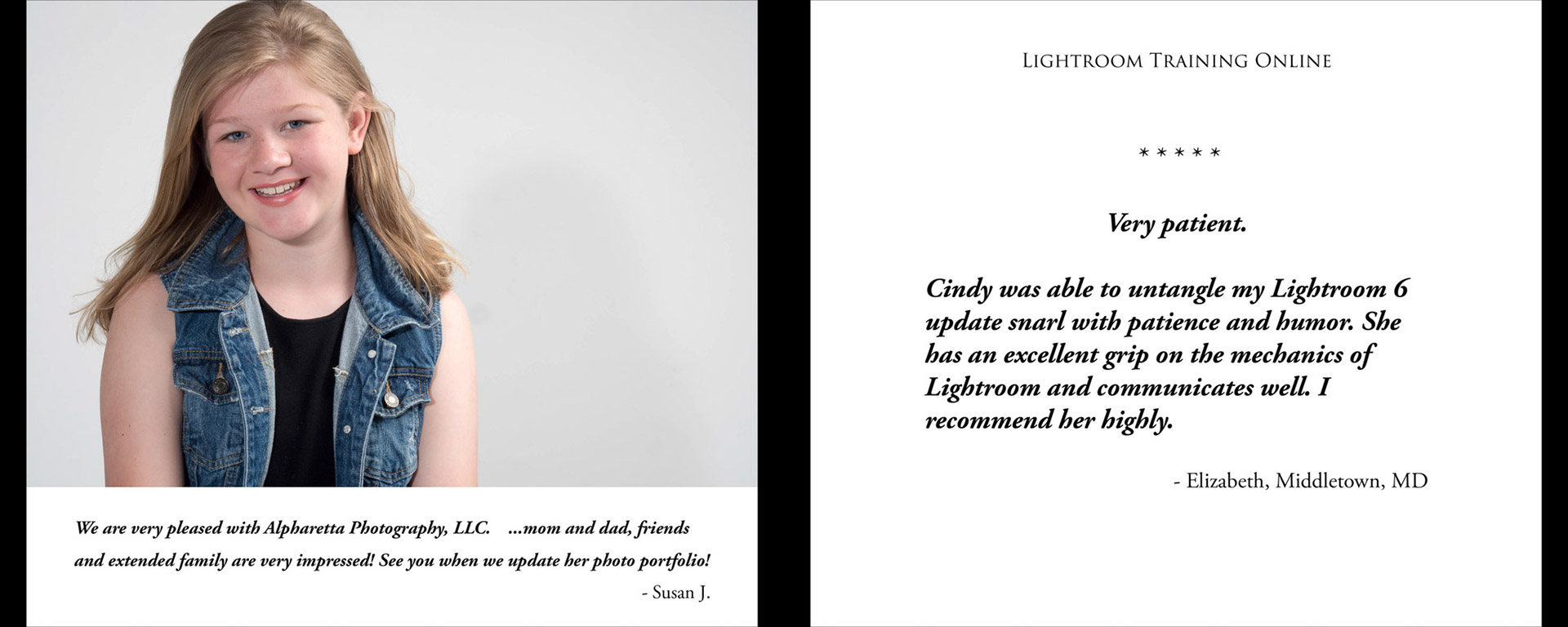 5 star review from acting headshot and comp card client. Online Adobe Lightroom student review.