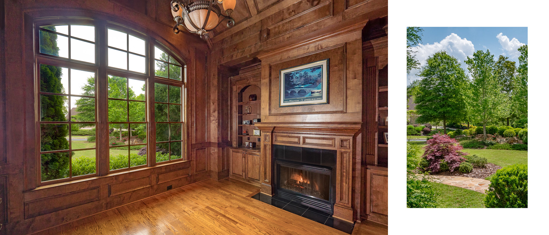 Paneled study with fireplace in The Manor near Alpharetta, GA, shoot with off camera flashes and flash bounced off reflector.