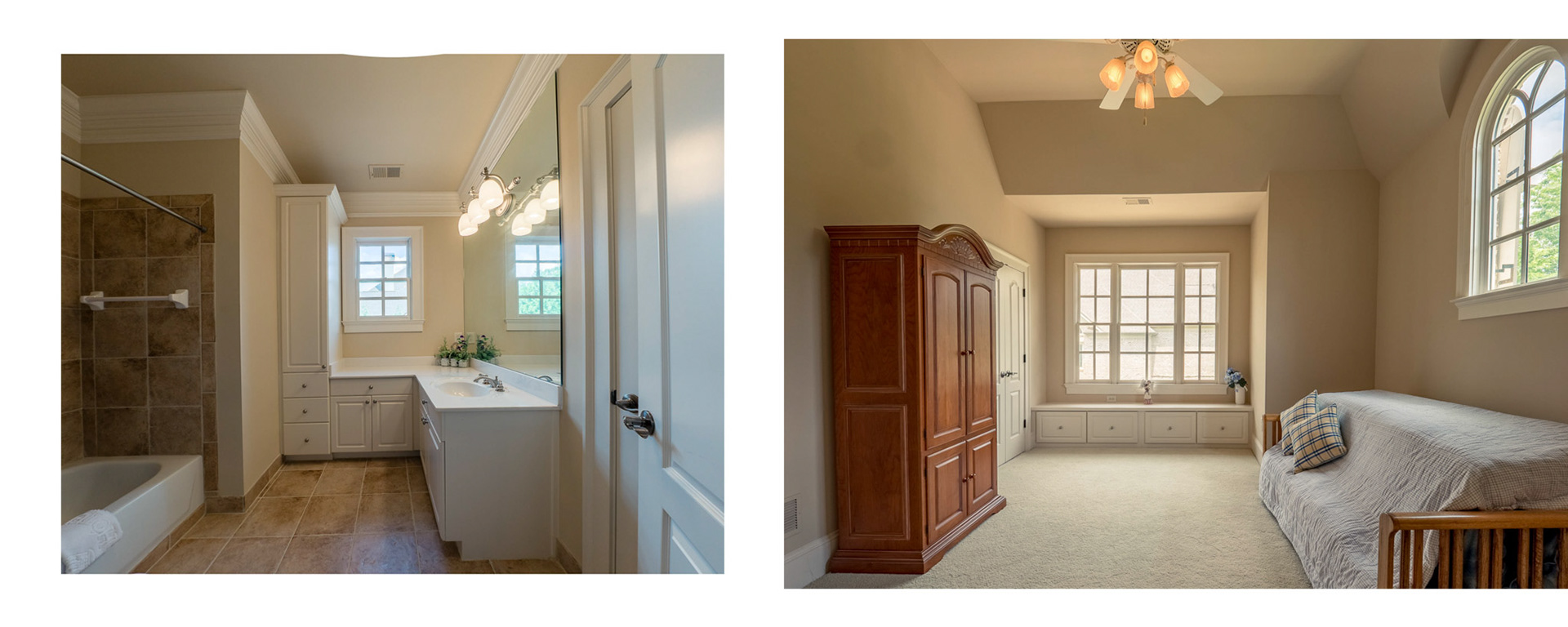 A window seat and arched window in bedroom at The Manor, a prestigious golf and country club community in metro Atlanta.