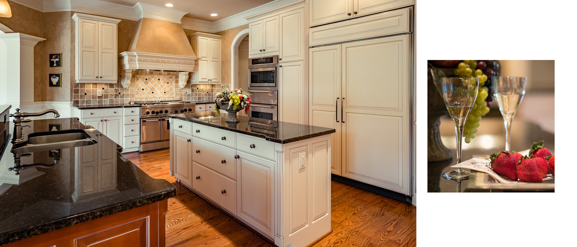Gourmet kitchen in The Manor, along with elegant lifestyle vignette to help buyers envision living in the home.  Photographed by Cindy Kringelis of Alpharetta Photography, LLC, serving Alpharetta, Milton, Duluth, Johns Creek, Suwanee and surrounding areas.