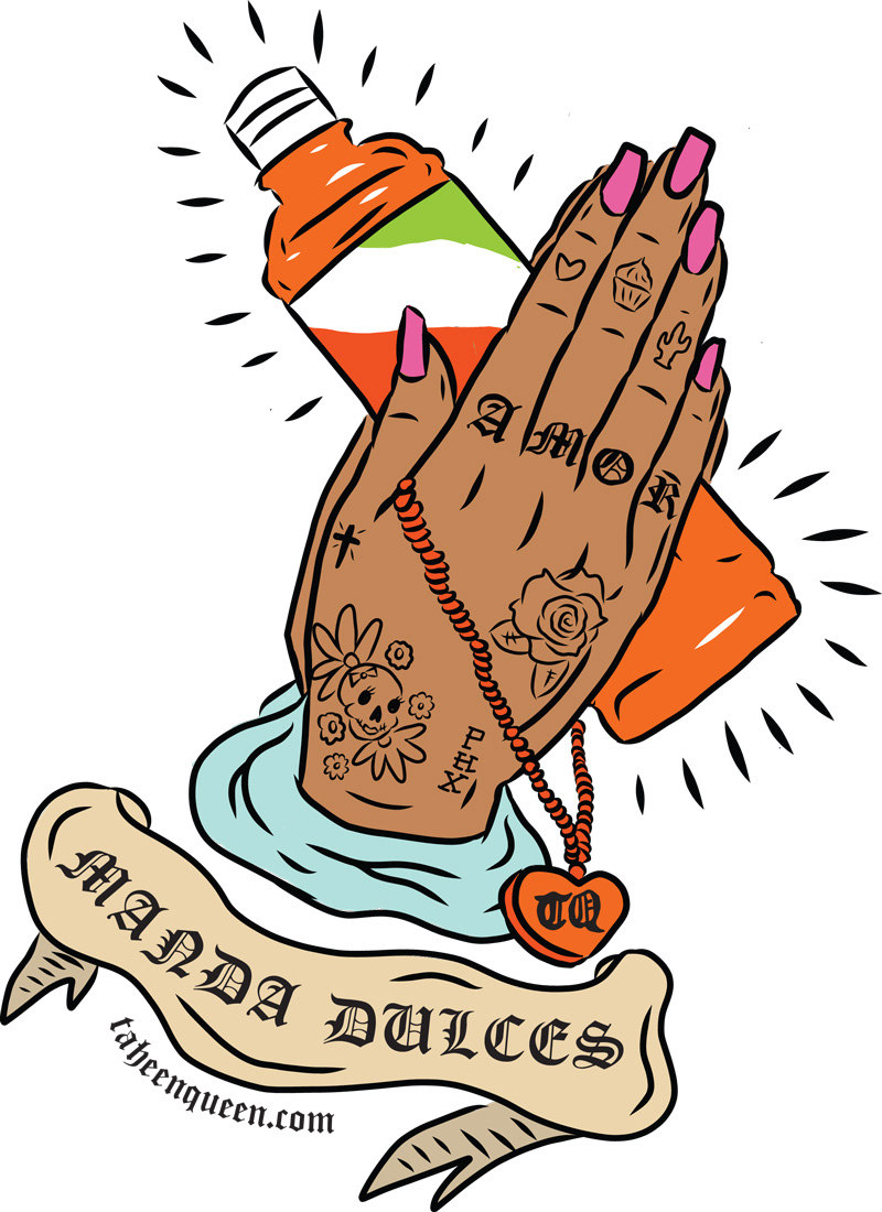 praying hand with mexican tattoos holding bottle of tajin seasoning for candies