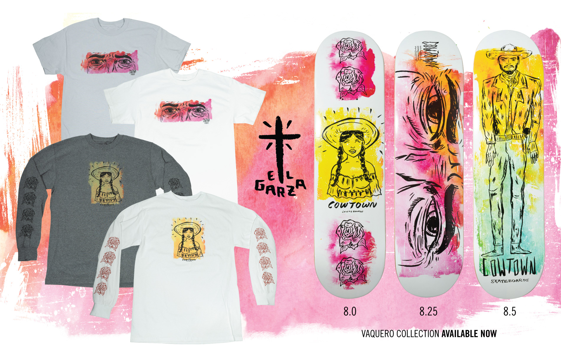 Skateboards and Tshirts with illustrations of Mexican cowboys vaqueros and cow girls with watercolor background