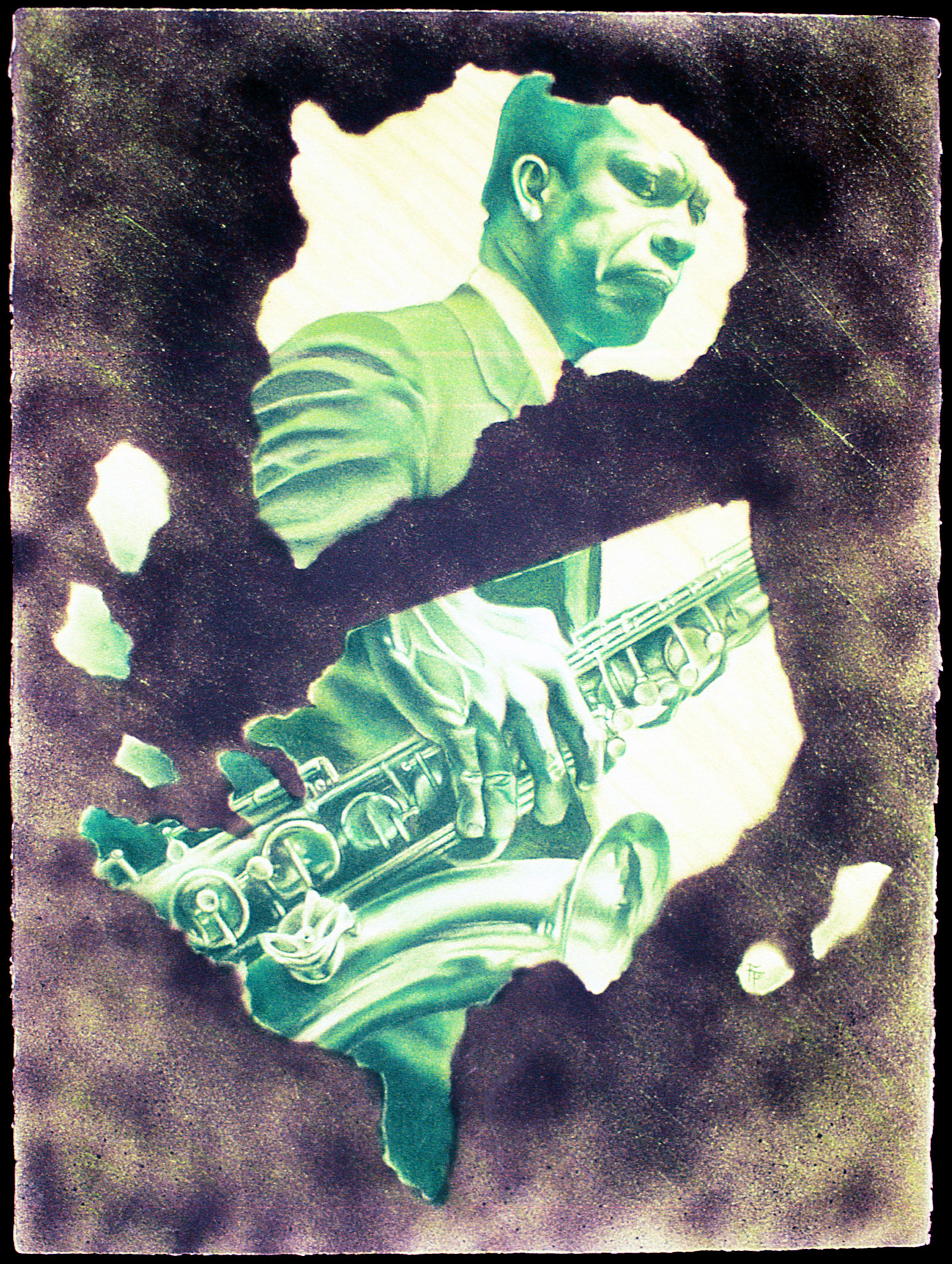 Money Trane (colored pencil and spray paint)