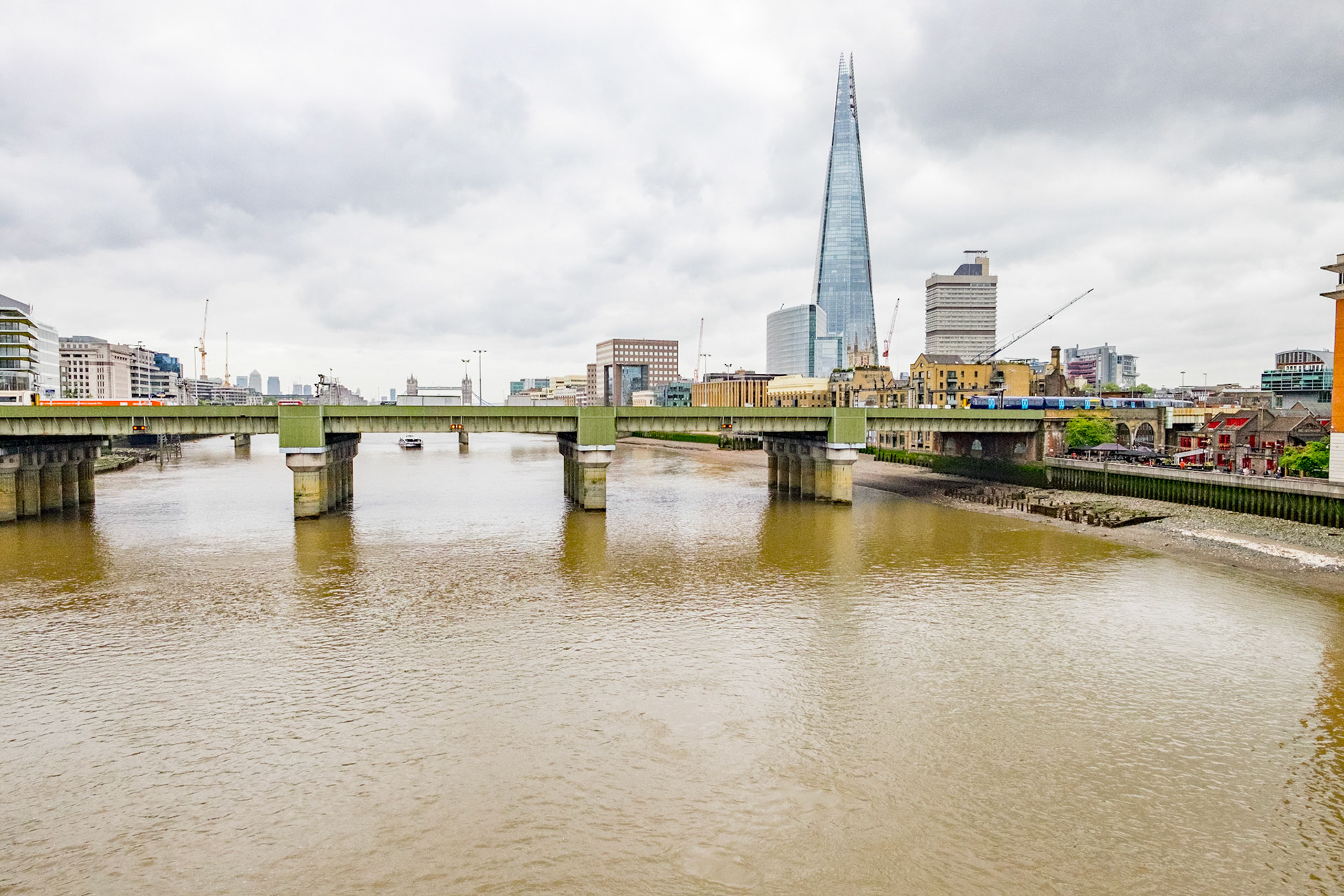 The shard, seen from southwark bridge on a cloudy day in mai