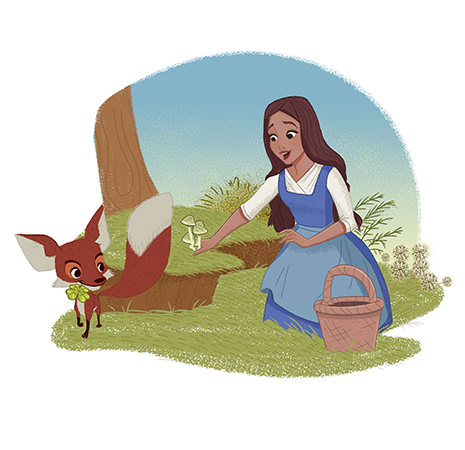 spot illustration showing a woman picking mushrooms next to a red fox with a clover in its mouth