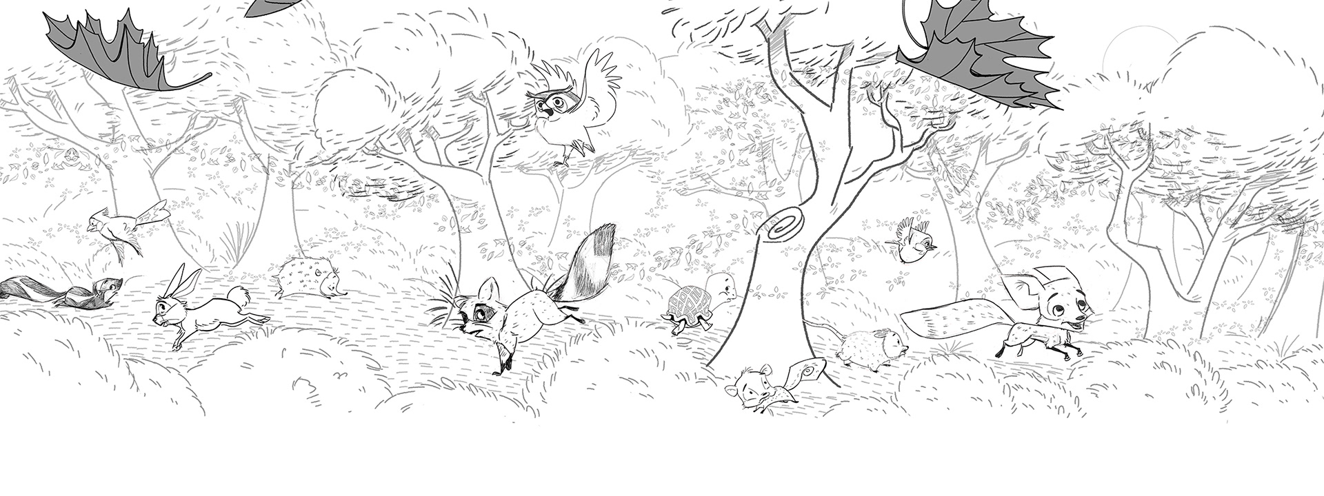 pencil art drawing of a forest with animals running around