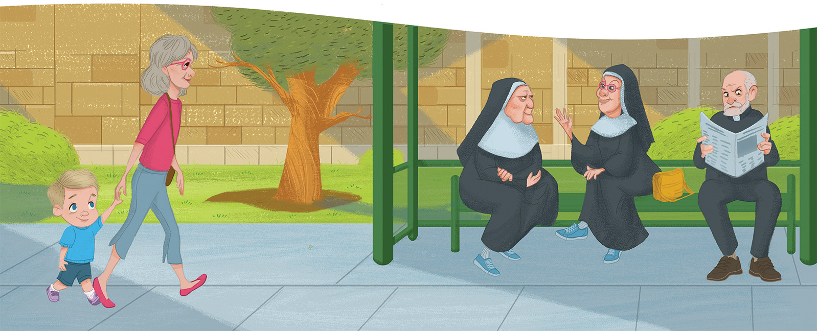 a book illustration showing a grandmother and her grandson walking past a green bus stop where nuns and a priest are sitting