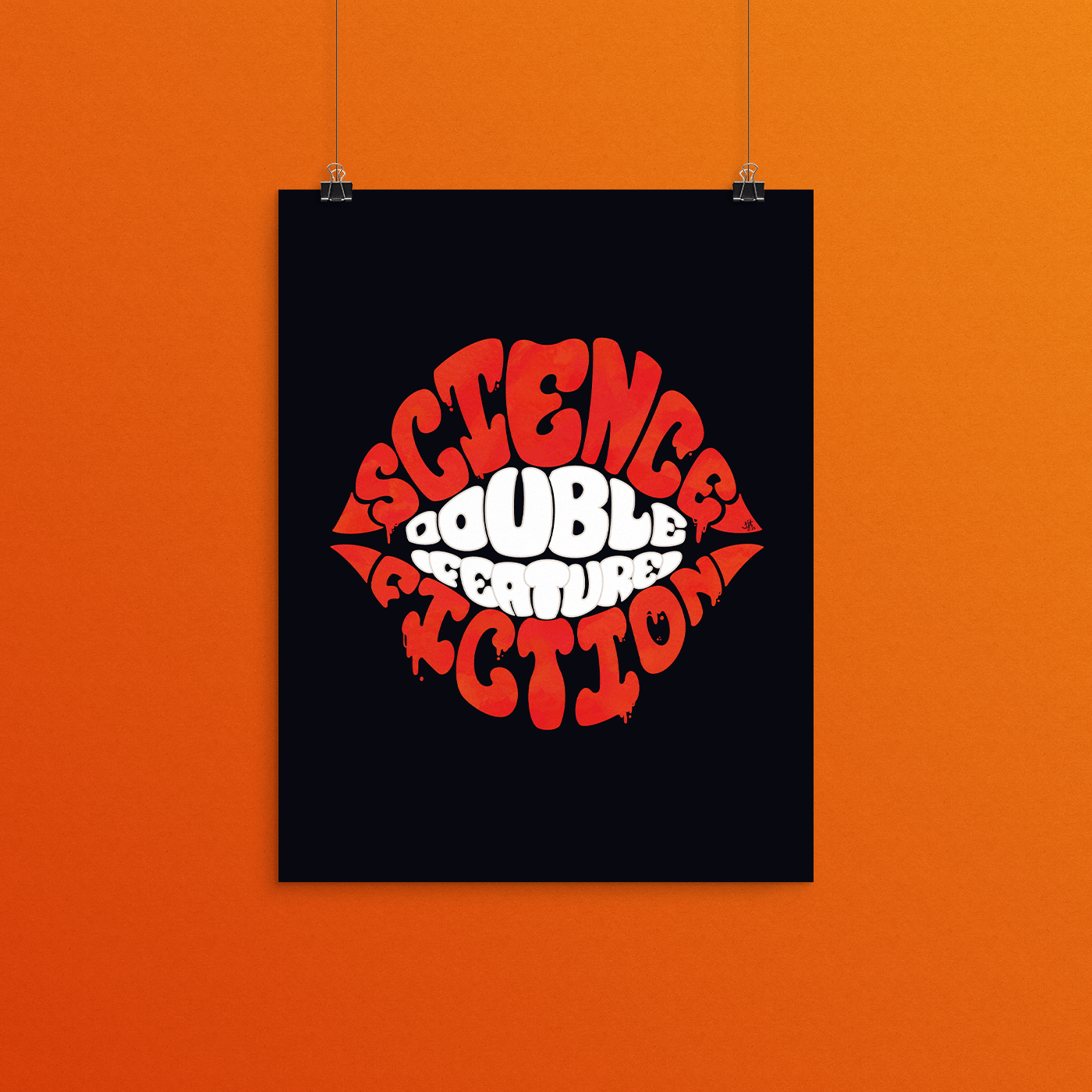 Digital hand lettering illustration of the lyrics, “Science Fiction, Double Feature,” in the shape of a mouth on a deep purple almost black background. The words Science and Fiction are red and are the lips. The words Double and Feature are white and are the teeth.