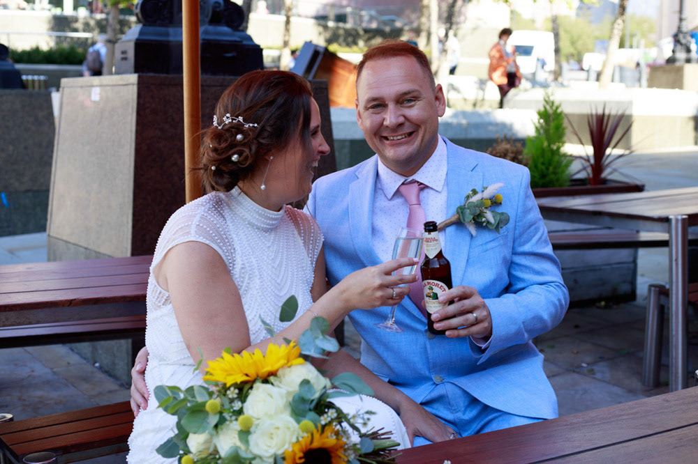 Wedding couple share a quiet drink before joining guests at Lost & Found Leeds Club