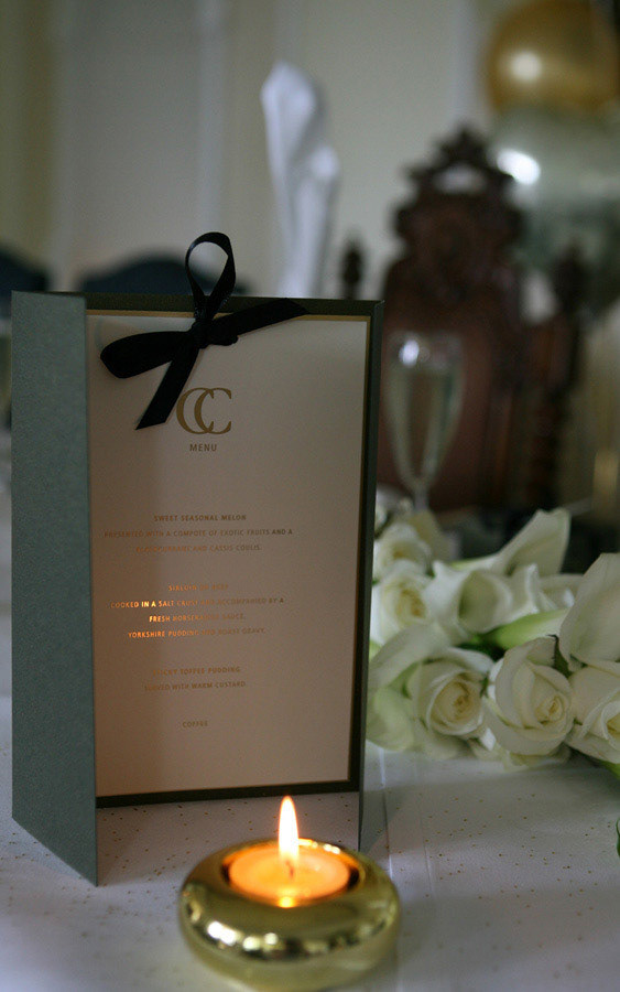 Wedding breakfast menu photographed in candlelight