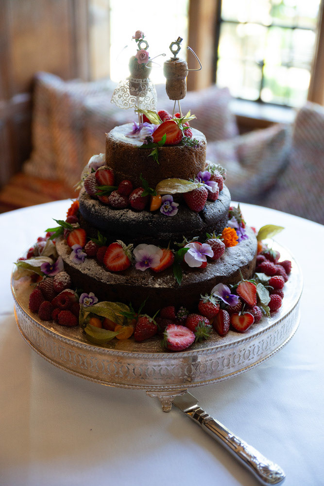 Chocolate wedding cake with fruit and flower decor - topped with cork and wire bride and groom at a Grays Court wedding.