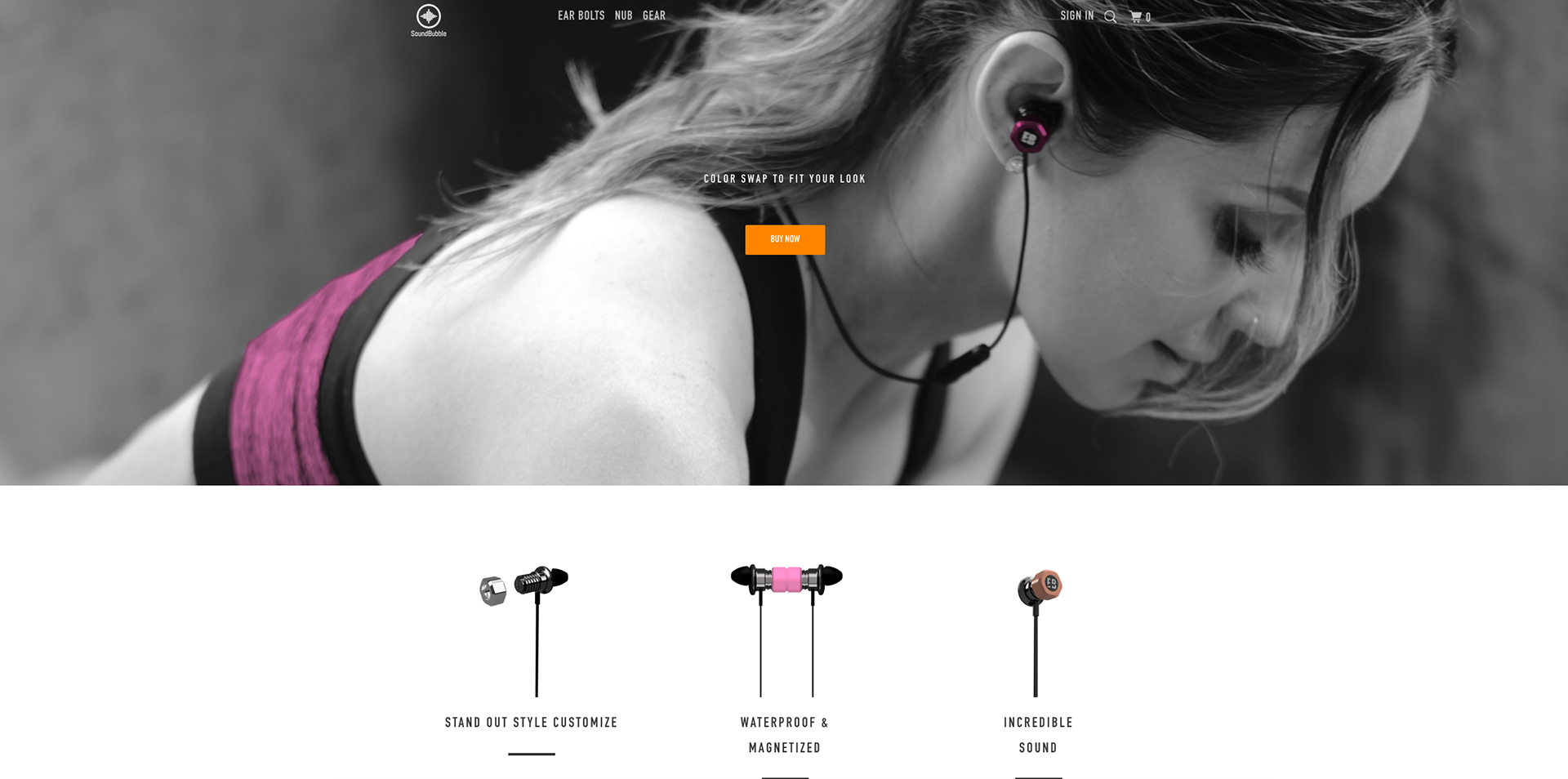 Earbolt featuring a photo of a model wearing the Earbolt for the company website
