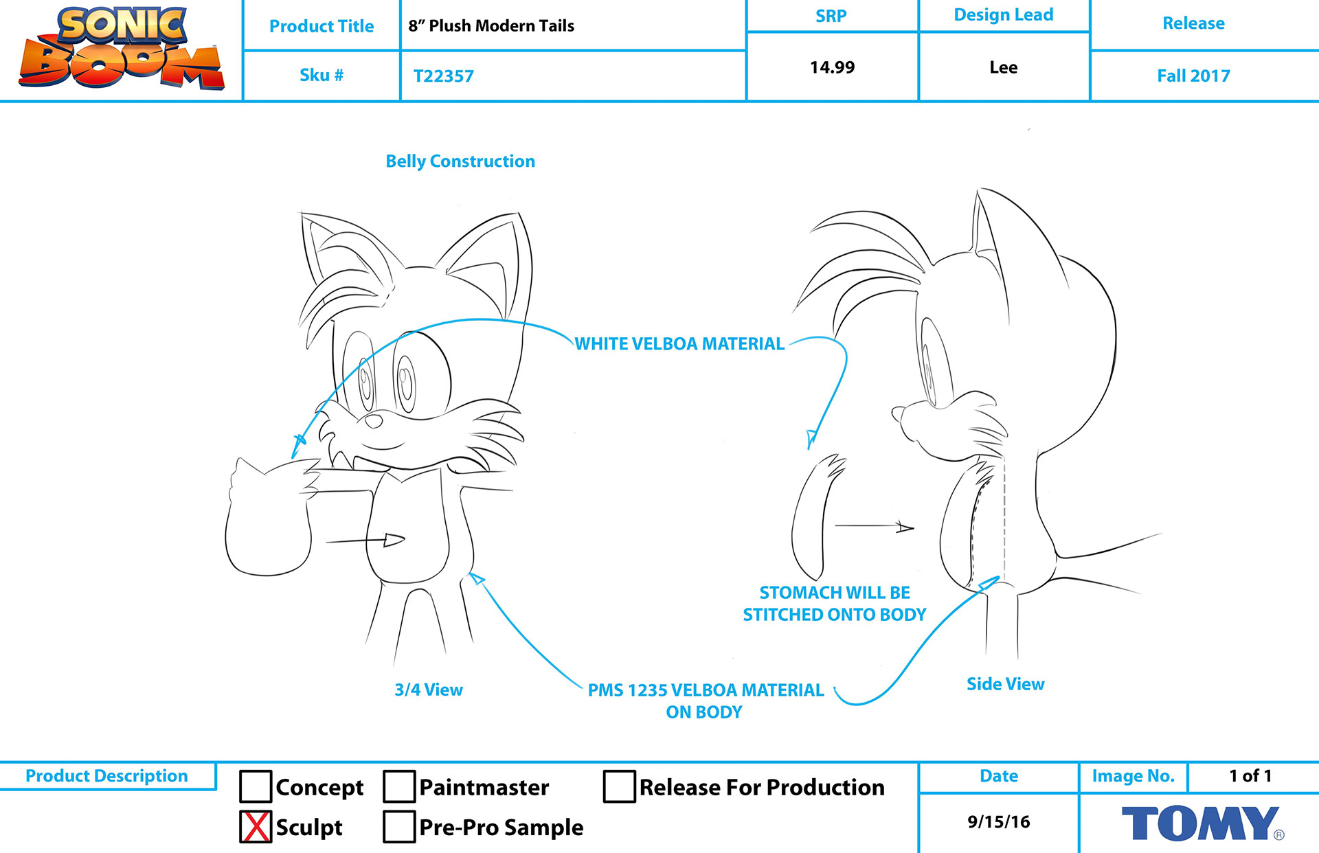 TOMY SEGA Sonic plush featuring Modern Tails Product request sheet wirh material callouts