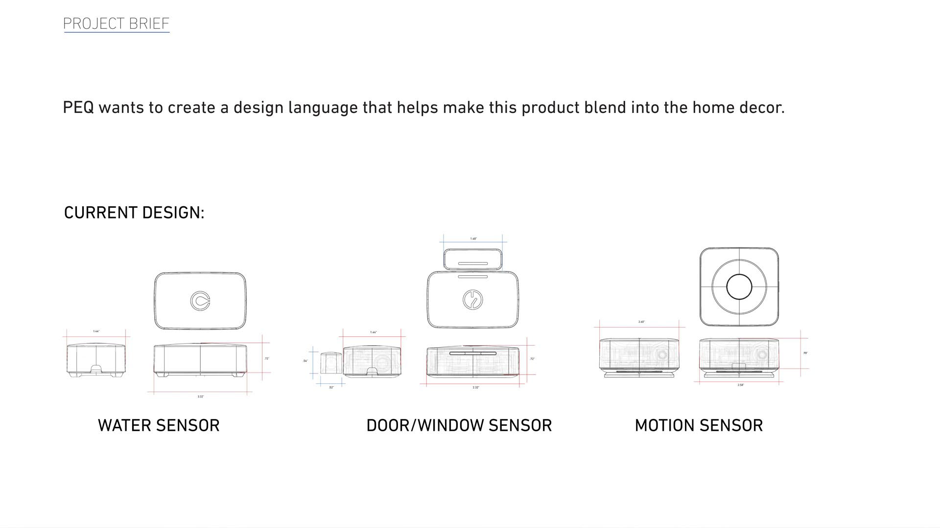 PEQ home security sensors featuring project brief with PEQ requesting a unified design language tha would blend into the home decor. PEQ is focused on the water, door, and motion sensors.