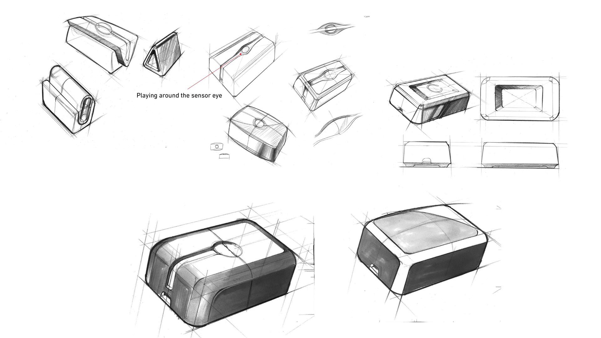 PEQ home security sensors featuring form study sketches.
