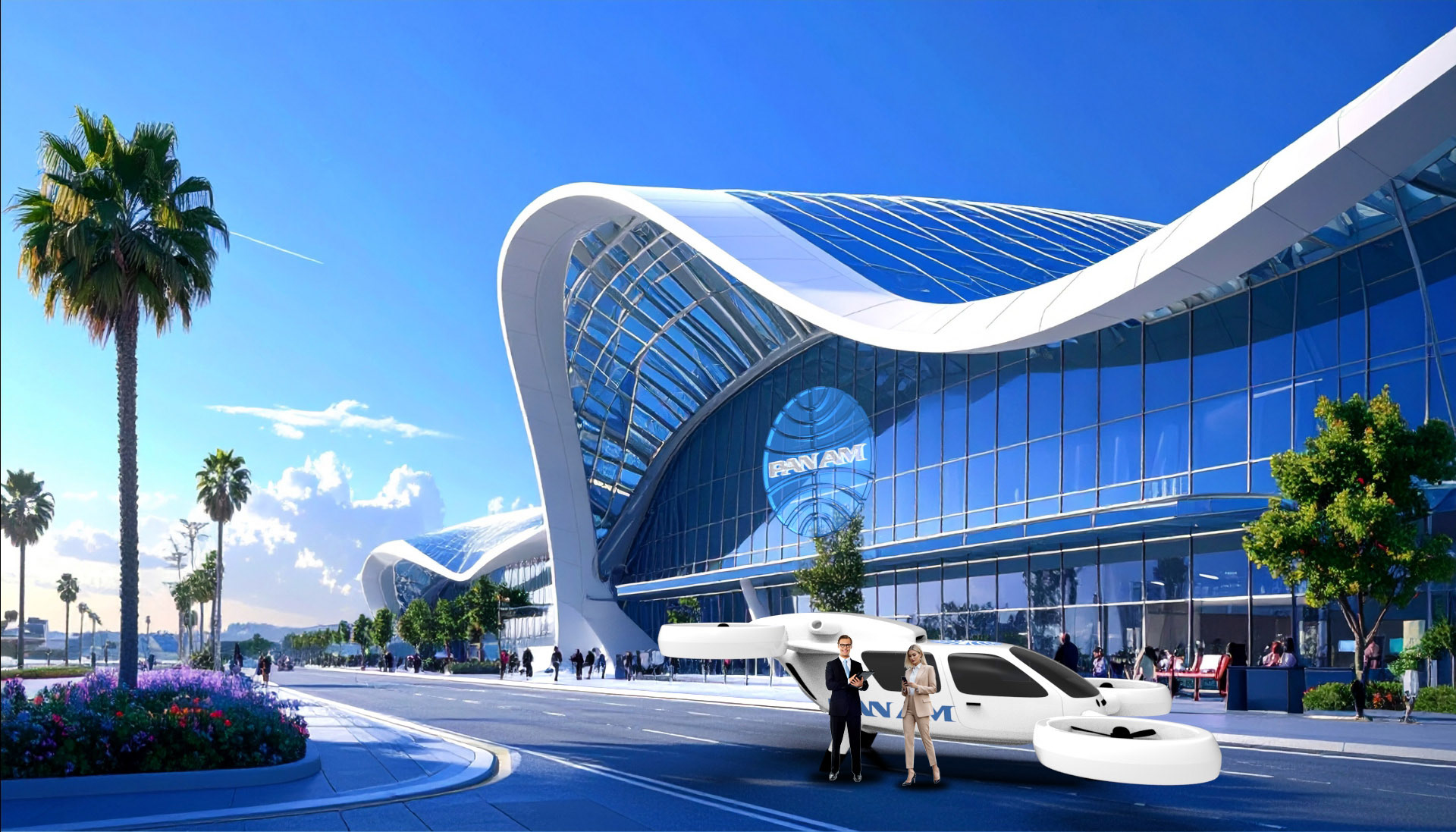 Pan Am premium travel concept featuring Jarvis greets Alex at the terminal