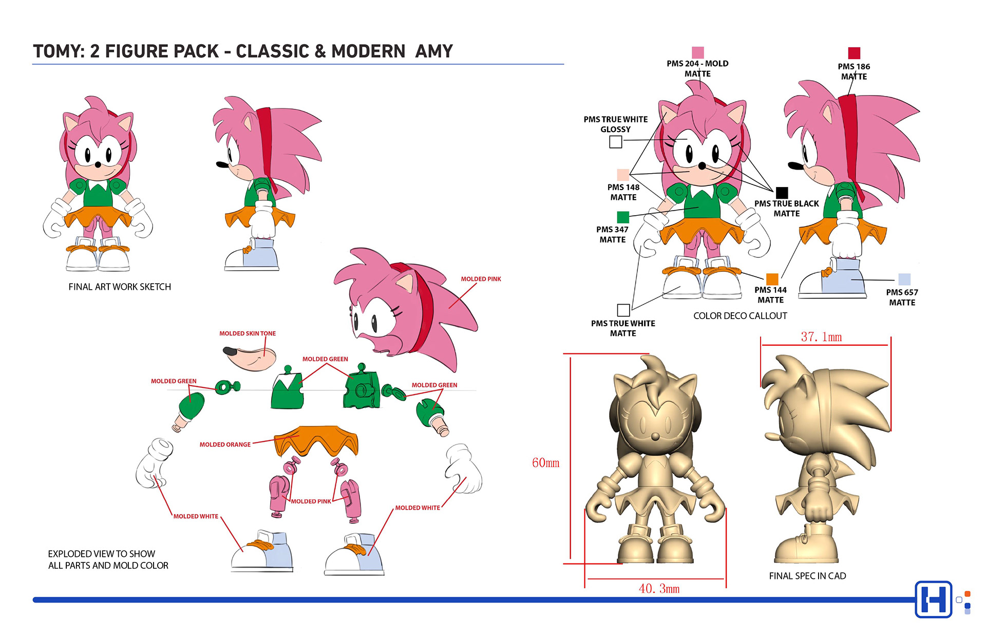 TOMY SEGA Sonic action figure featuring Classic Amy turns, exploded view with material and color callouts and CAD model